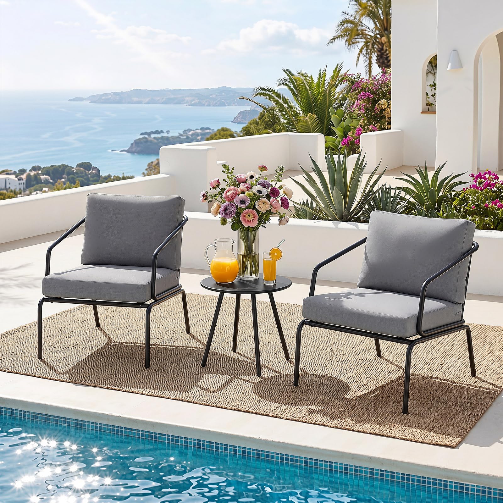 COSTWAY Set 3 Pezzi da Bistrò con Struttura in Metallo e Cuscini Morbidi | Set di Mobili da Esterno con Tavolino Rotondo e 2 Sedie, Piedini Regolabili per Balcone, Cortile e Terrazza