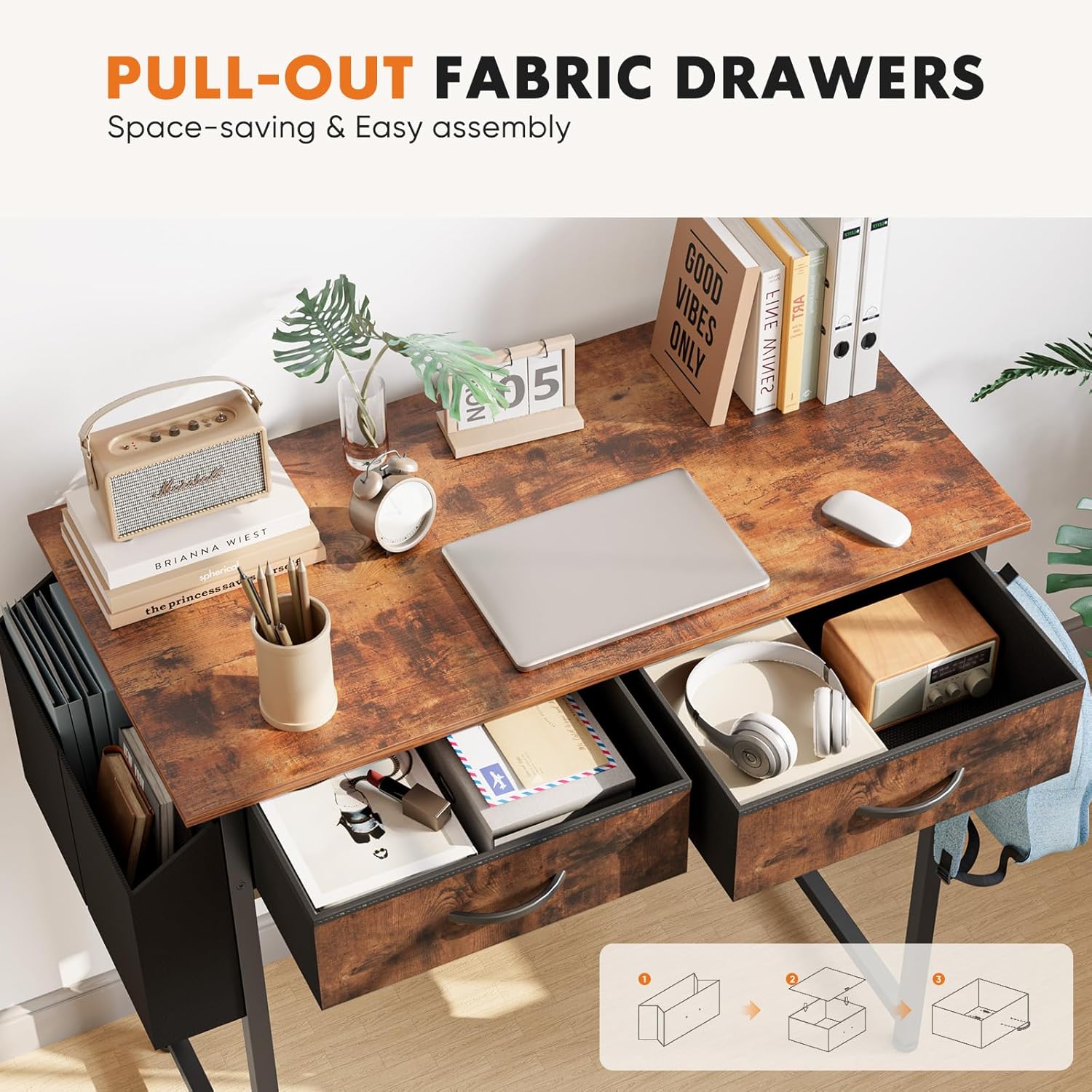 Sweetcrispy Computer Desk Small Home Office Bedroom Writing Study PC Tabke with Storage Space Fabric Side Bag Headphone Hook Metal Frame Adjustable Feet Modern Simple Style