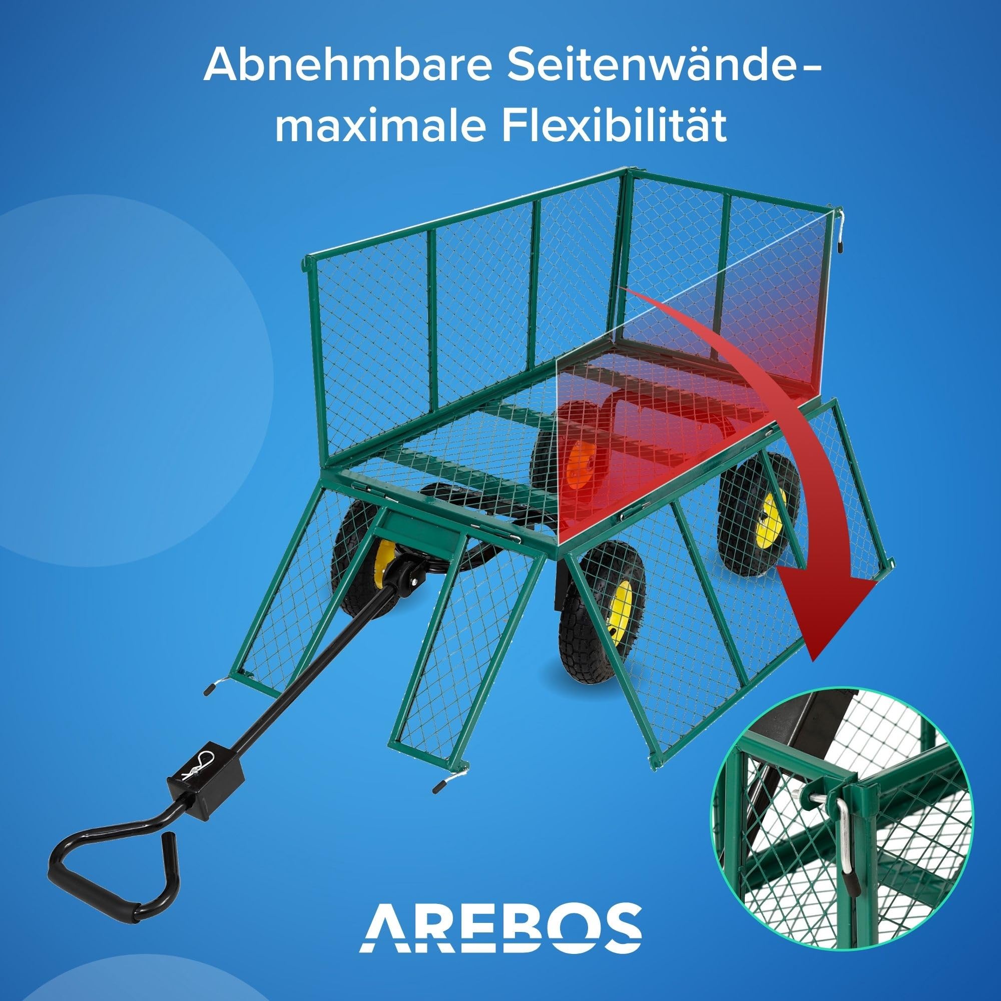 Arebos Bollerwagen | Gartenwagen | mit Profilreifen | 550kg belastbar | faltbar | grün | herausnehmbare Plane | kugelgelagerte Stahlfelgen | inkl. Handgriff & Deichsel | Plattformwagen