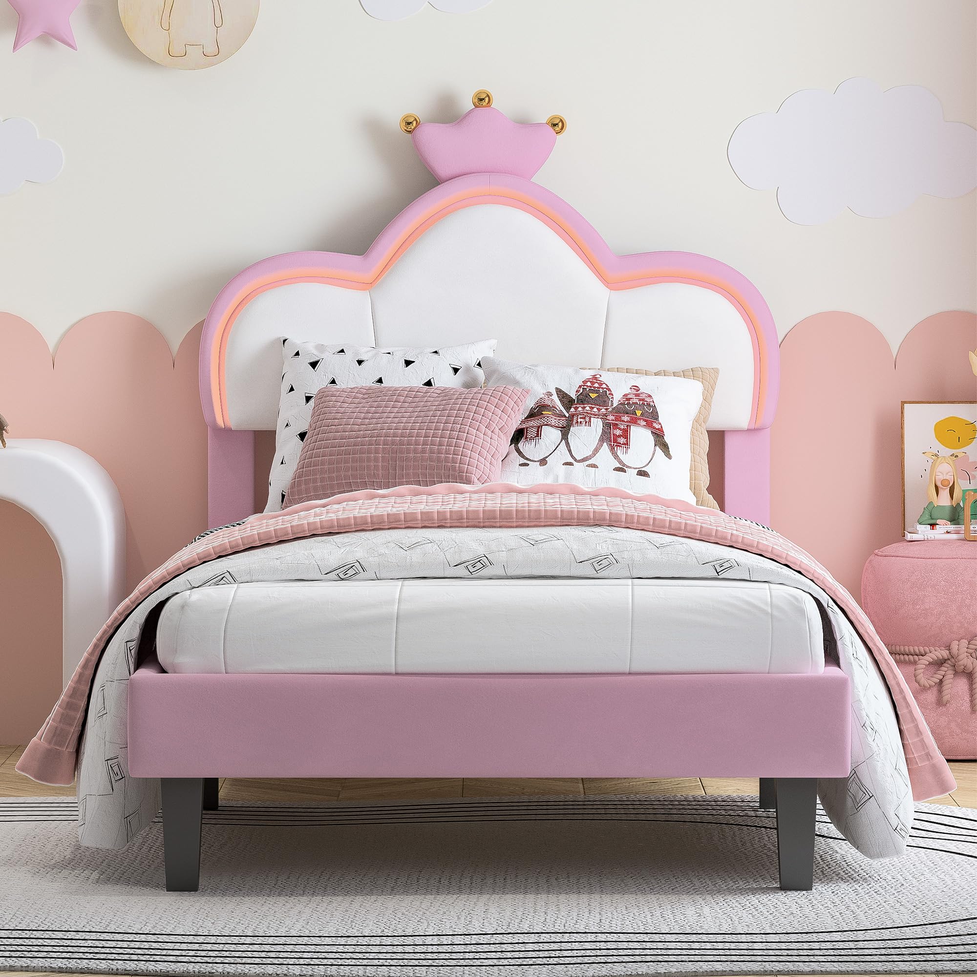 Letto singolo imbottito 90x200 cm per bambini, letto per bambine con illuminazione a LED e controllo tramite app, letto per bambini dal design a corona, testiera regolabile in altezza