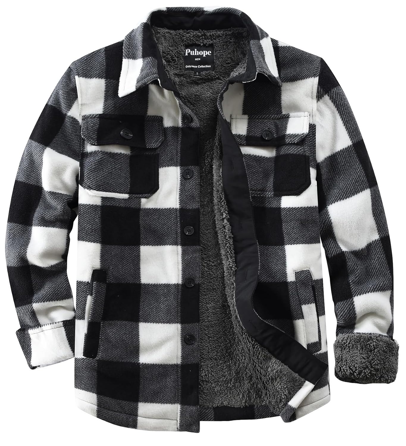 Puhope Jaqueta masculina de lã polar com forro de sherpa quente para homens, jaqueta grossa de botões com vários bolsos