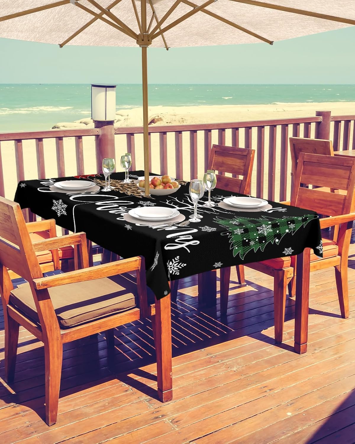 Christmas Tablecloth with Umbrella Hole and Zipper Buffalo Plaid Xmas Tree Outdoor Tablecloths 60x84 Inch Outside Table Cloths Snowflake Black Patio Table Cloth Cover for Xmas Picnic Garden Decor