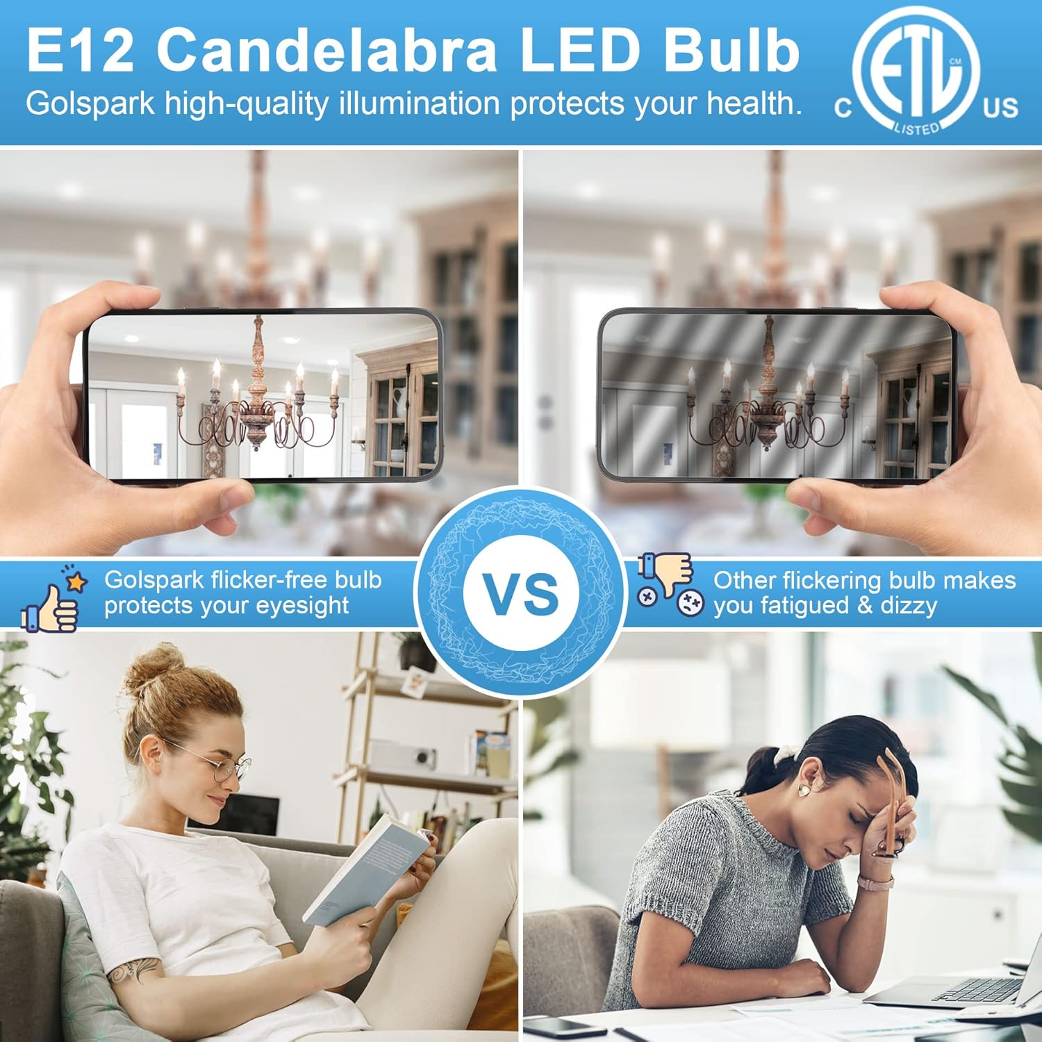 GOLSPARK 16P E12 Led Bulb Dimmable 4W 5000K Daylight, Type B Light Bulb 60W Equivalent, E12 Small Base Candelabra Led Light Bulbs, B11 Chandelier Candle Light Bulbs for Fan Light, Flame Tip, 550LM