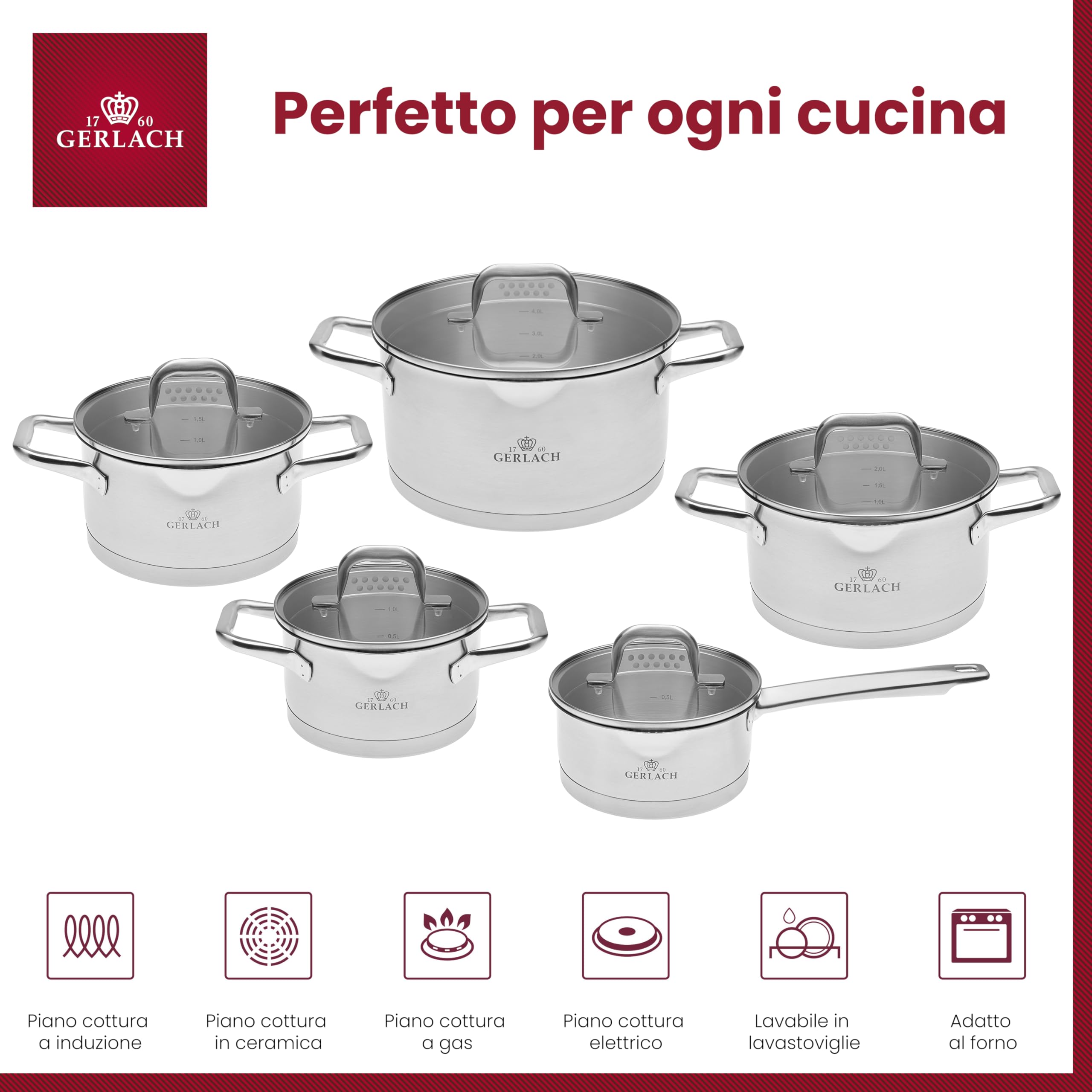Gerlach Modello, set di pentole in acciaio inox, per induzione, set di pentole a induzione, 5 pezzi