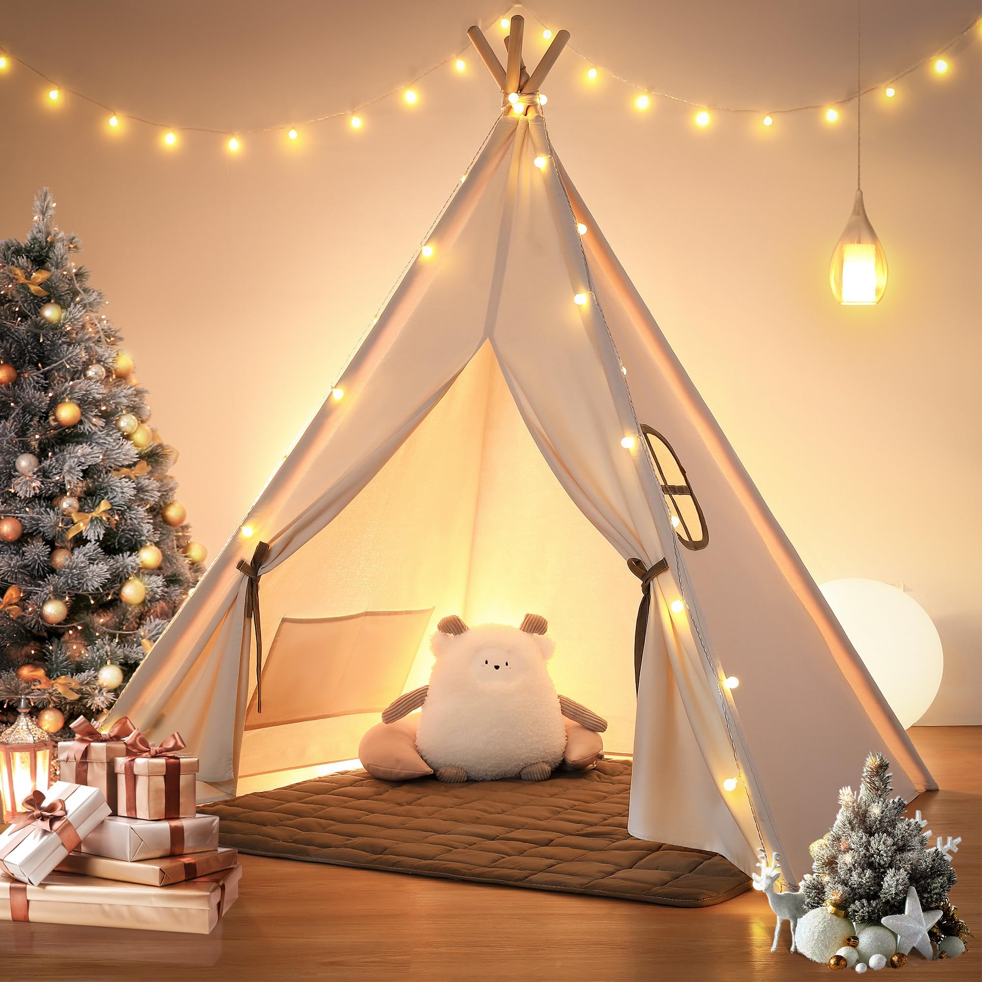 besrey Toddler Teepee Tent for Kids, Kids Play Tent with Padded Mat & Lights, Cotton Playhouse for Boys & Girls, Cozy Tipi Tent, Children's Play Tents in beige