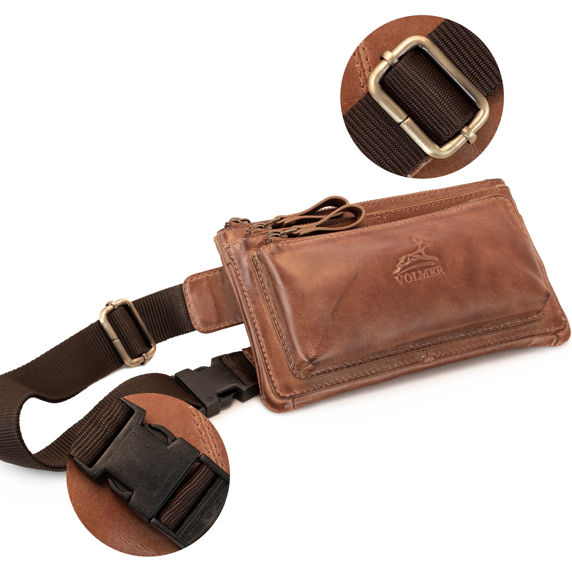 Fa.Volmer ® Sac banane en cuir véritable pour homme et femme - Noir ou marron - Sangle réglable jusqu'à 118 cm, Cuir lisse marron, 30 cm Länge, 10 cm Breite, 10 cm Tiefe, Sacs banane en cuir