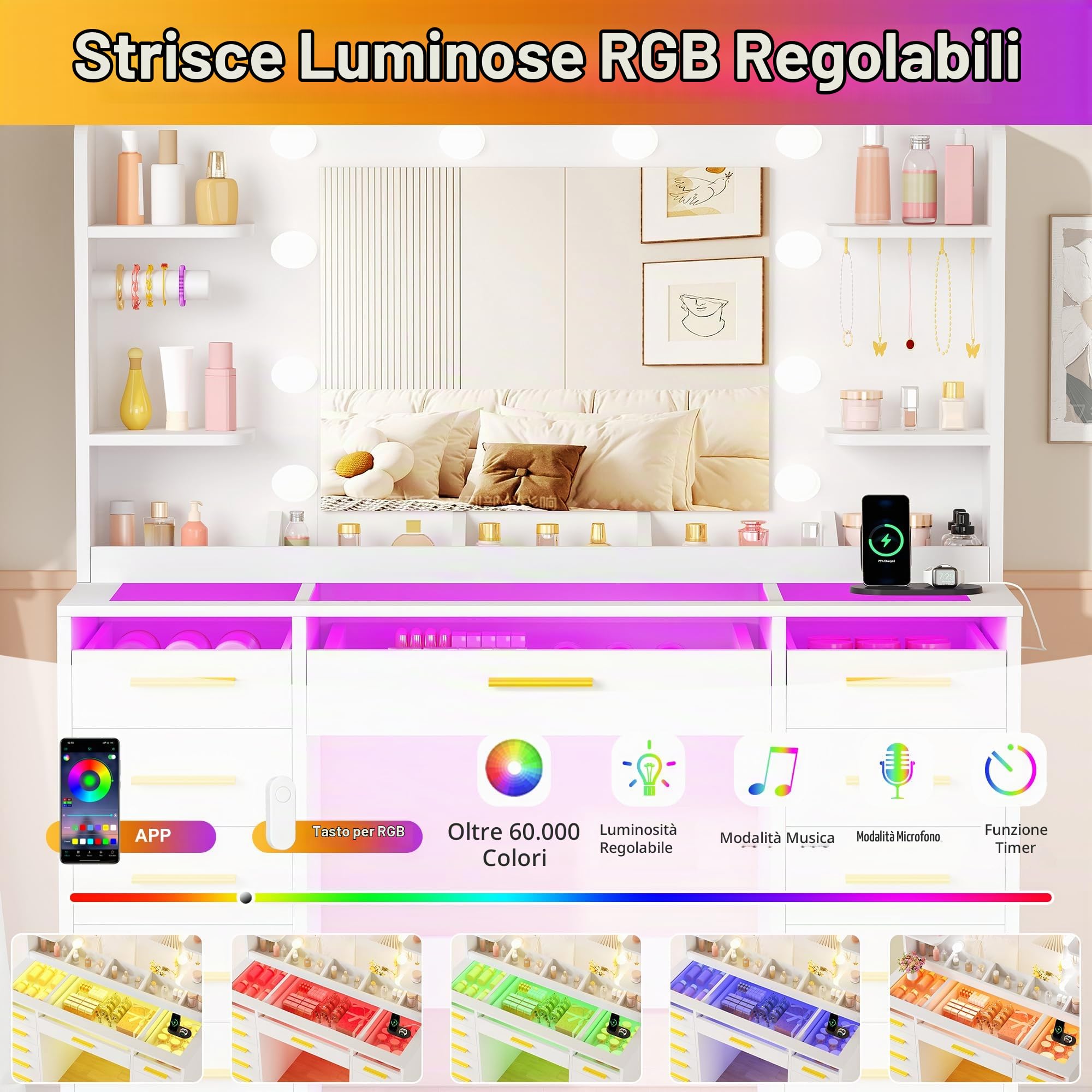 ANWBROAD RGB Toeletta da Trucco con Specchio e Luci LED Regolabili, Bianca