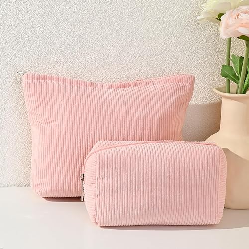 Miniatura 7 de SOIDRAM Bolsa de maquillaje de 2 piezas, bolsa grande de pana para cosméticos, bolsa de aseo de viaje, bolsa de aseo de viaje, organizador de