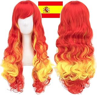 IMISSU Marcar Color Cabello Pelucas cosplay con flequillo Peluca de disfraces de Halloween (ES Bandera Rojo Amarillo Rojo)