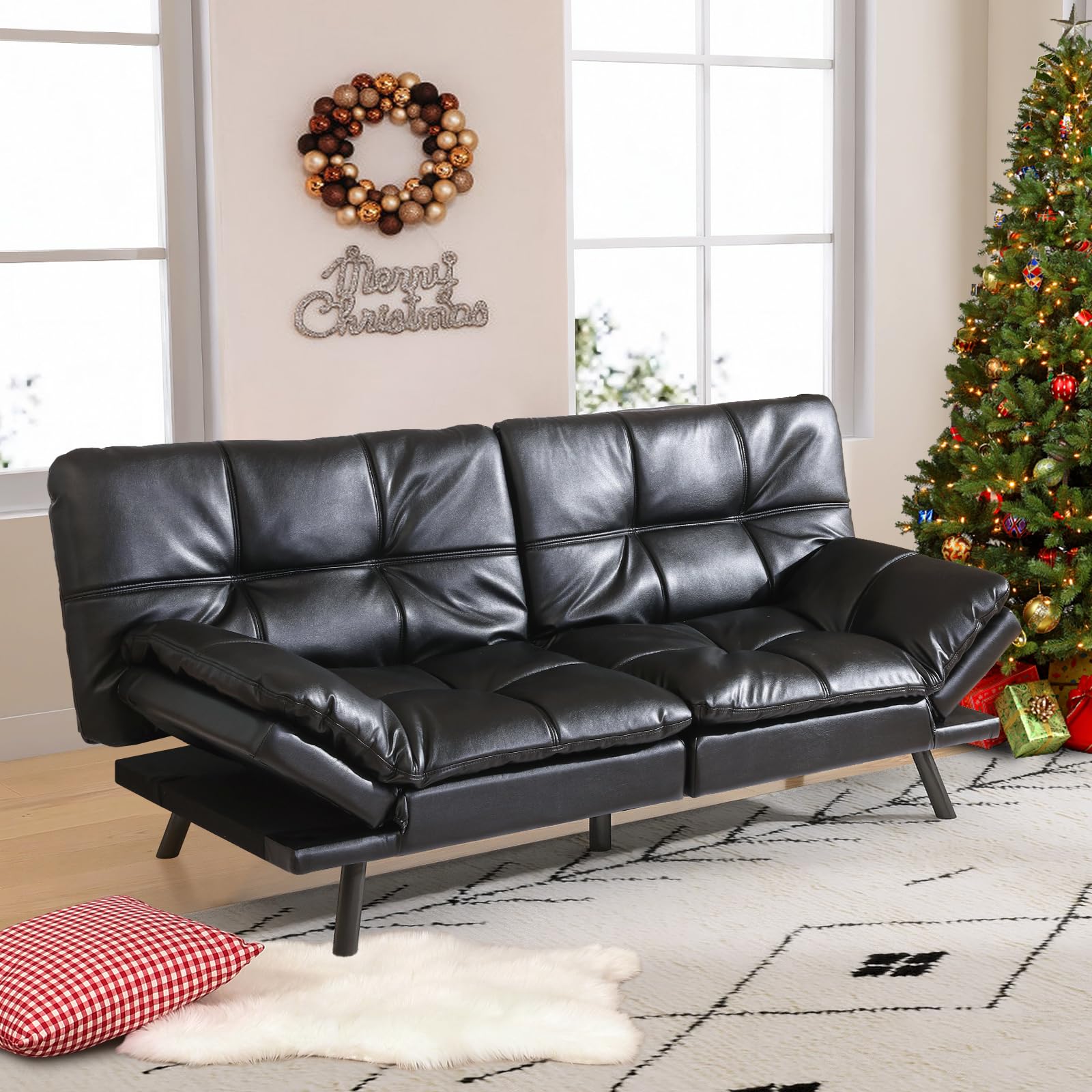 Sofarm Futon Bed/Couch,Memory Foam Small Splitback Sofa for Living Room,Modern Loveseat with Covertible Armrests Sofabed, Black