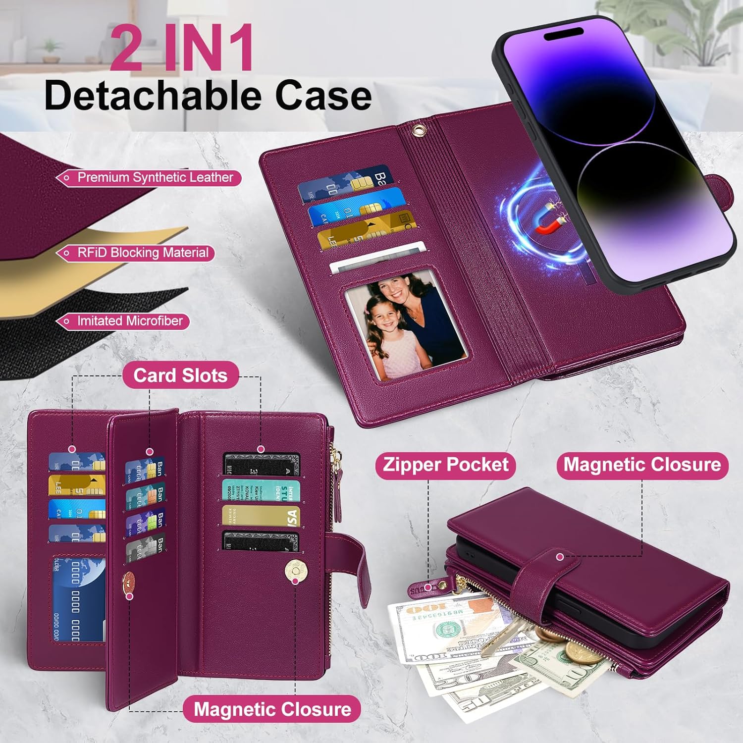 Magnetic Case for iPhone 16 Wallet Compatible with Magsafe RFID Blocking Card Holder Detachable Phone Cover Kickstand Snap Strap Zipper Pocket PU Leather 6.1 inch (Burgundy)