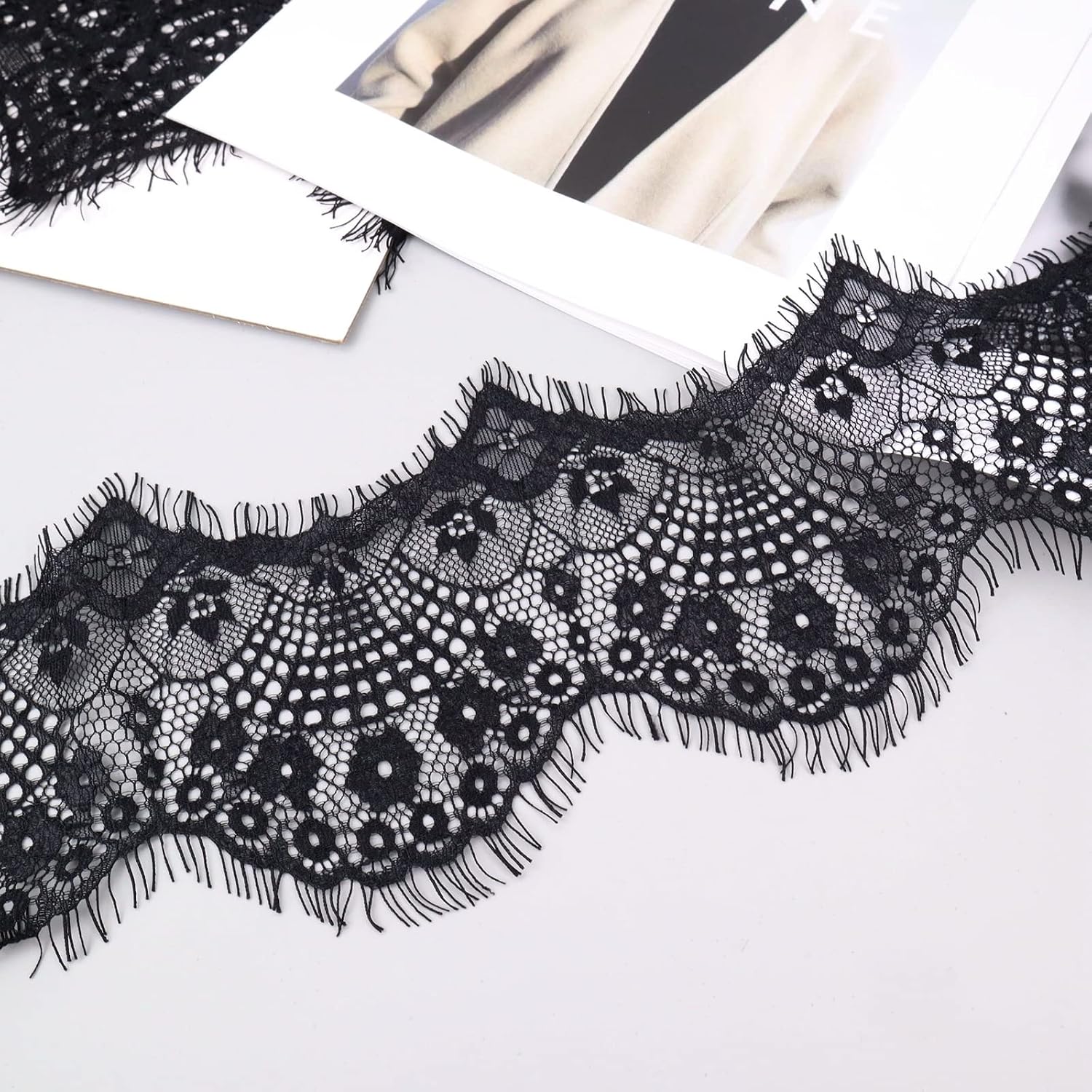 IDONGCAI Black Floral Eyelash Lace Trim - 3.9" Wide Decorative Ribbon & Edge Trim, 3 Yards per Lot for Garment Decoration & DIY Craft