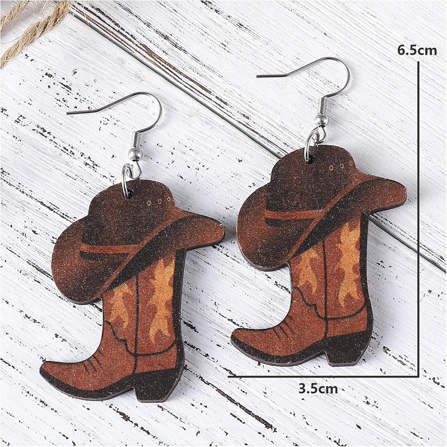 Cowgirl Cowboy Boot Hat Western Lightweight Wooden Double-sided Drop Dangle Earrings Country Concert Rodeo Cosplay Party Costume Cool Outfits Accessories for Women Jewelry image 2