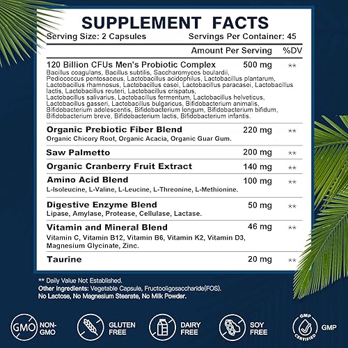 Miniatura 2 de Probióticos para hombres Salud digestiva, 120 mil millones de UFC probióticos para hombre con enzimas digestivas y prebióticos y palma enana