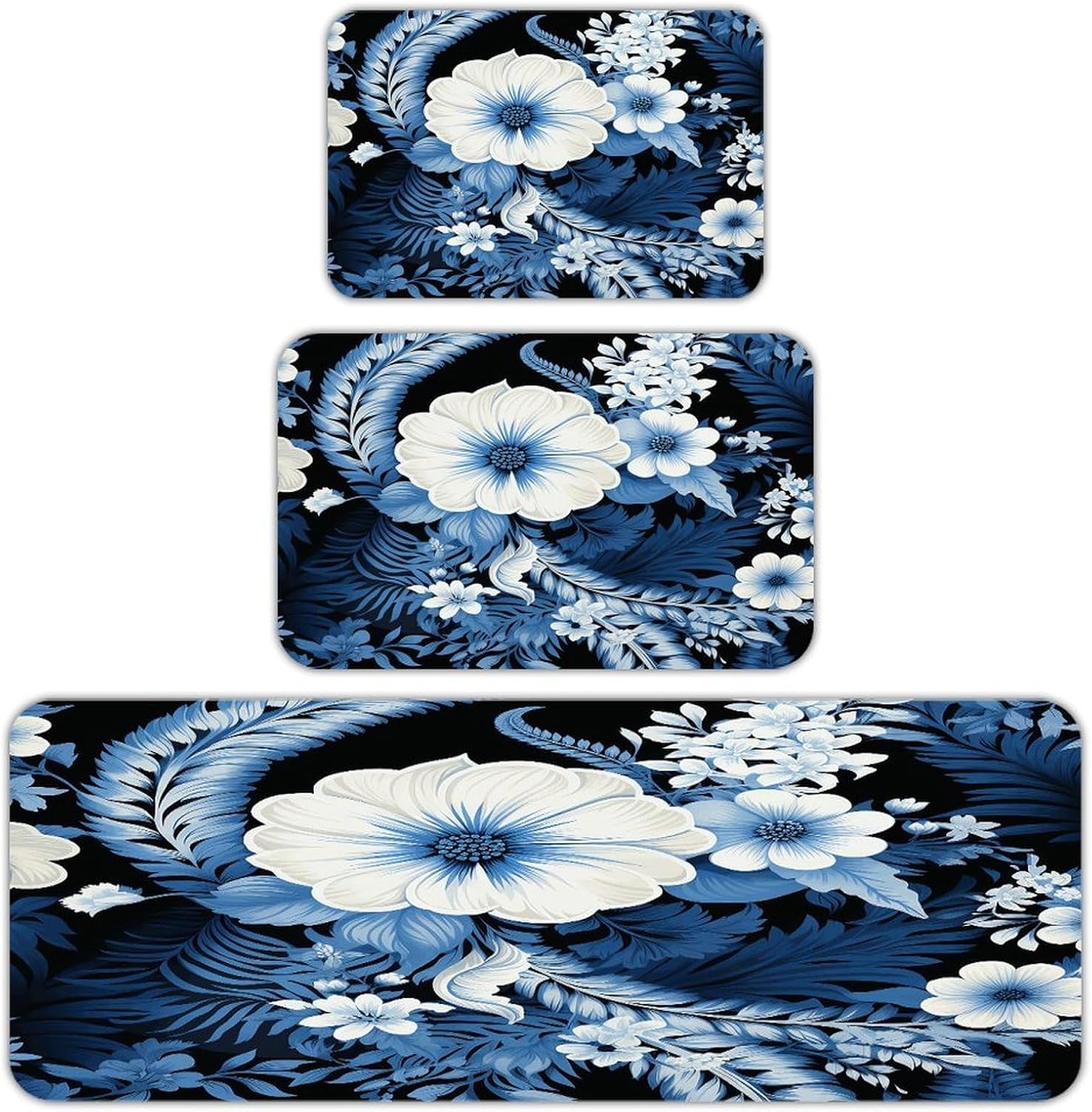 Blue and White Floral Pattern Kitchen Mat Set of 3 Waterproof Floor Mats Non-Slip Kitchen Rugs Premium Flannel Rug Heavy Duty Standing Mat for Kitchen Home Bathroom Laundry