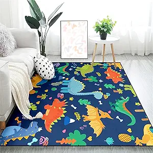 Cartoon Dinosaurs Area Rugs for Kids Blue Lovely Animal Patterns Carpet Dinosaur Carpet for Boys Bedroom Kitchen Playing Room Dinosaur Room Decor, 5'×7'