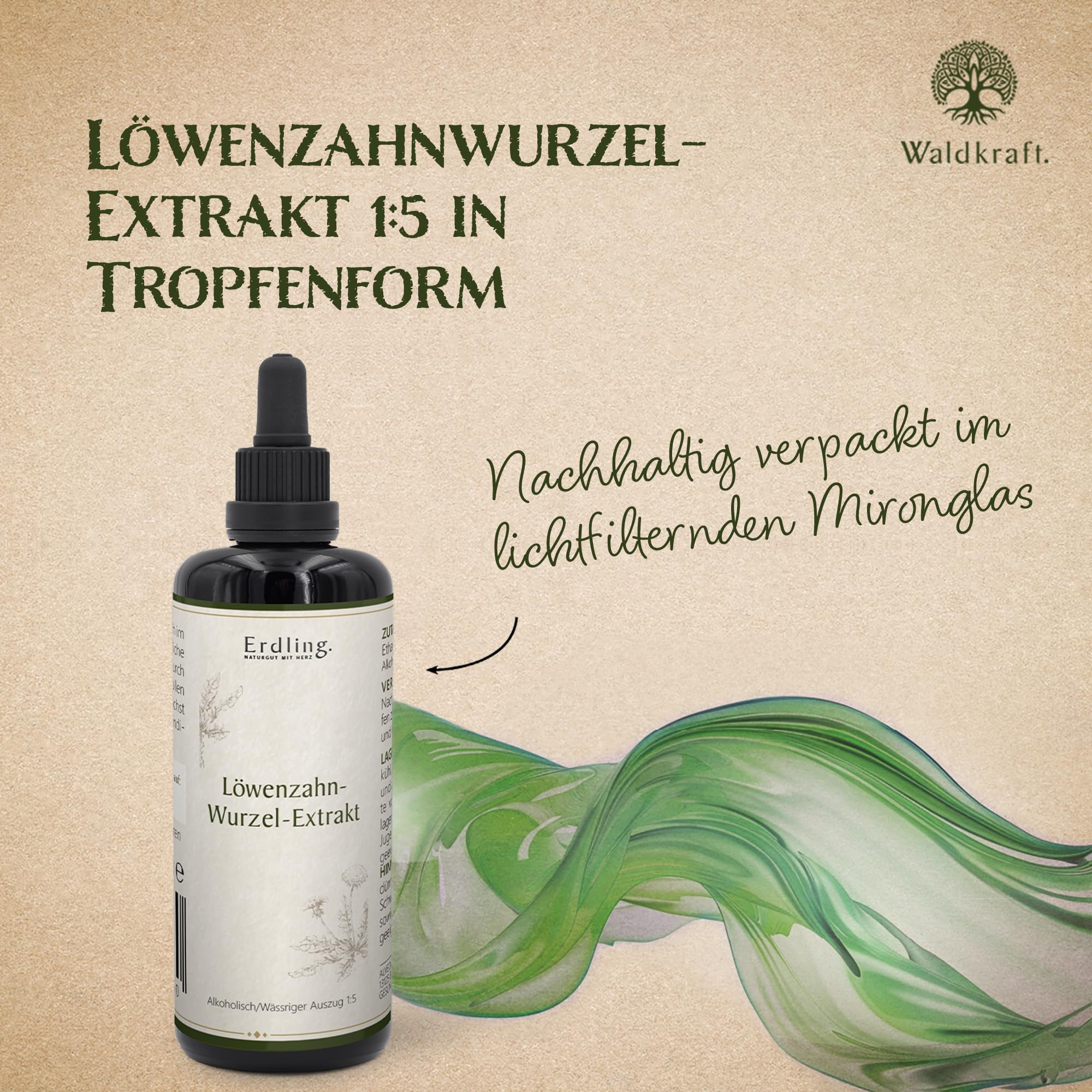 Waldkraft Löwenzahnwurzel-Extrakt | Alkoholisch-wässriger Auszug 1:5 | Traditionelles Wildkraut - Feiner Wurzelextrakt | Ideal zum Würzen von Speisen & Getränken | Vegan | 50 ml im Mironglas