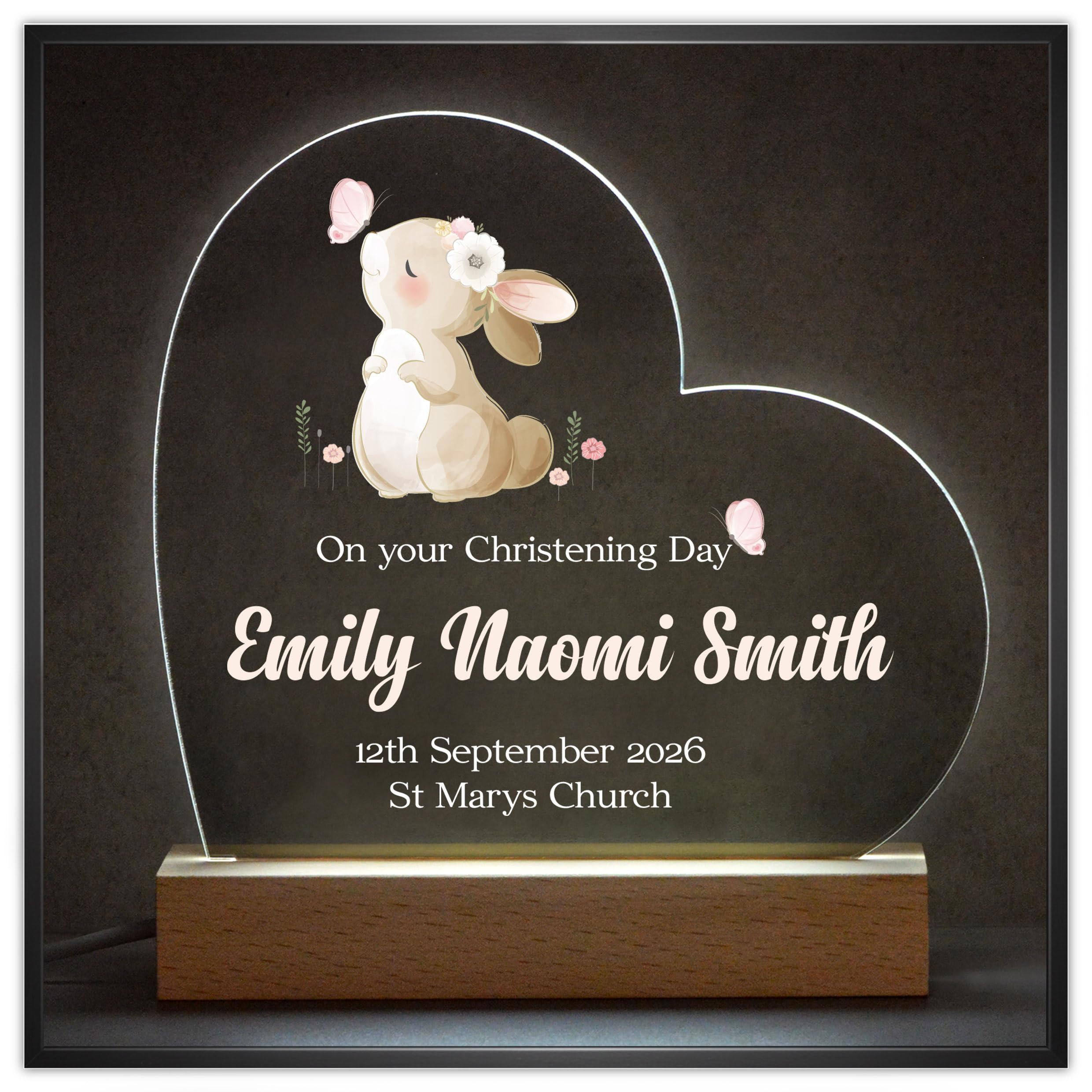 Beecreative Personalised Bunny Rabbit Christening Gift for Girls - Goddaughter Christening Present - Girls Nursery Night Light Sleep Lamp - Christening Date Keepsake
