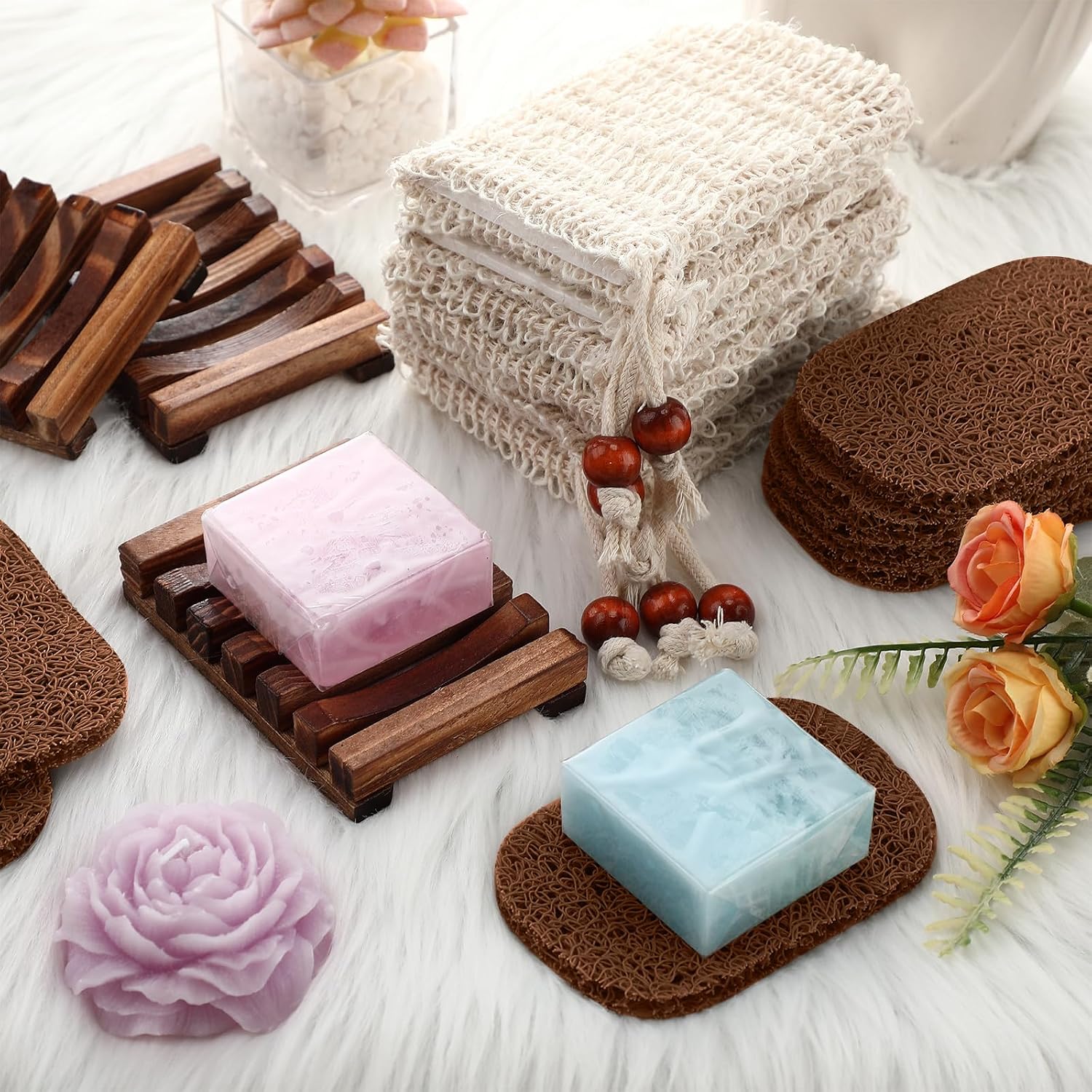 Baderke 36 Pcs Soap Saver Wooden Dish Holder Bag and Pads,Brown Color image 4