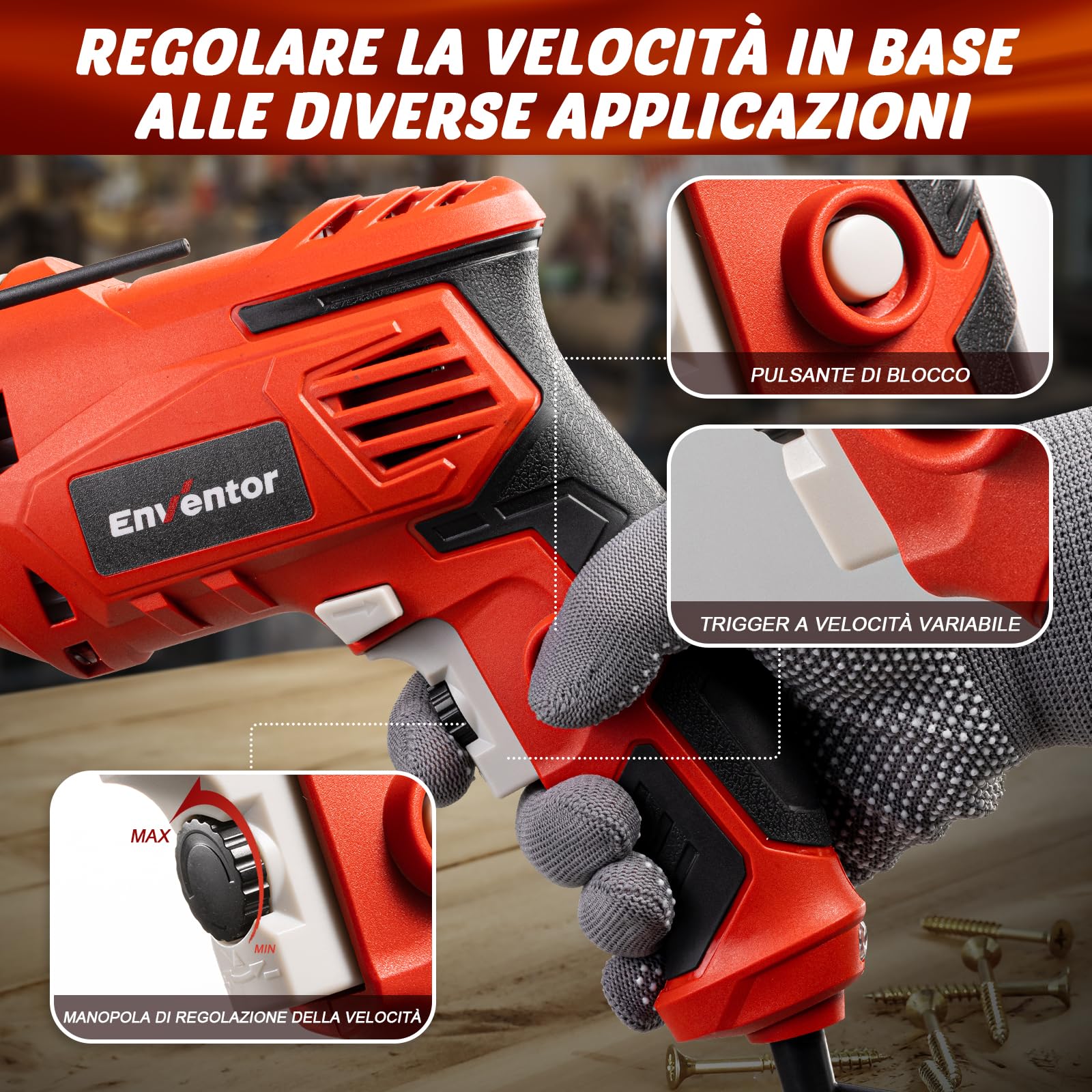 Enventor Trapano a Percussione 900W, Trapano Elettrico a Filo con 37 Accessori, Funzione 2 in 1, 0-3000RPM, Impugnatura Ausiliaria a 360°, Mandrino da 13MM, per Calcestruzzo, Metallo e Legno