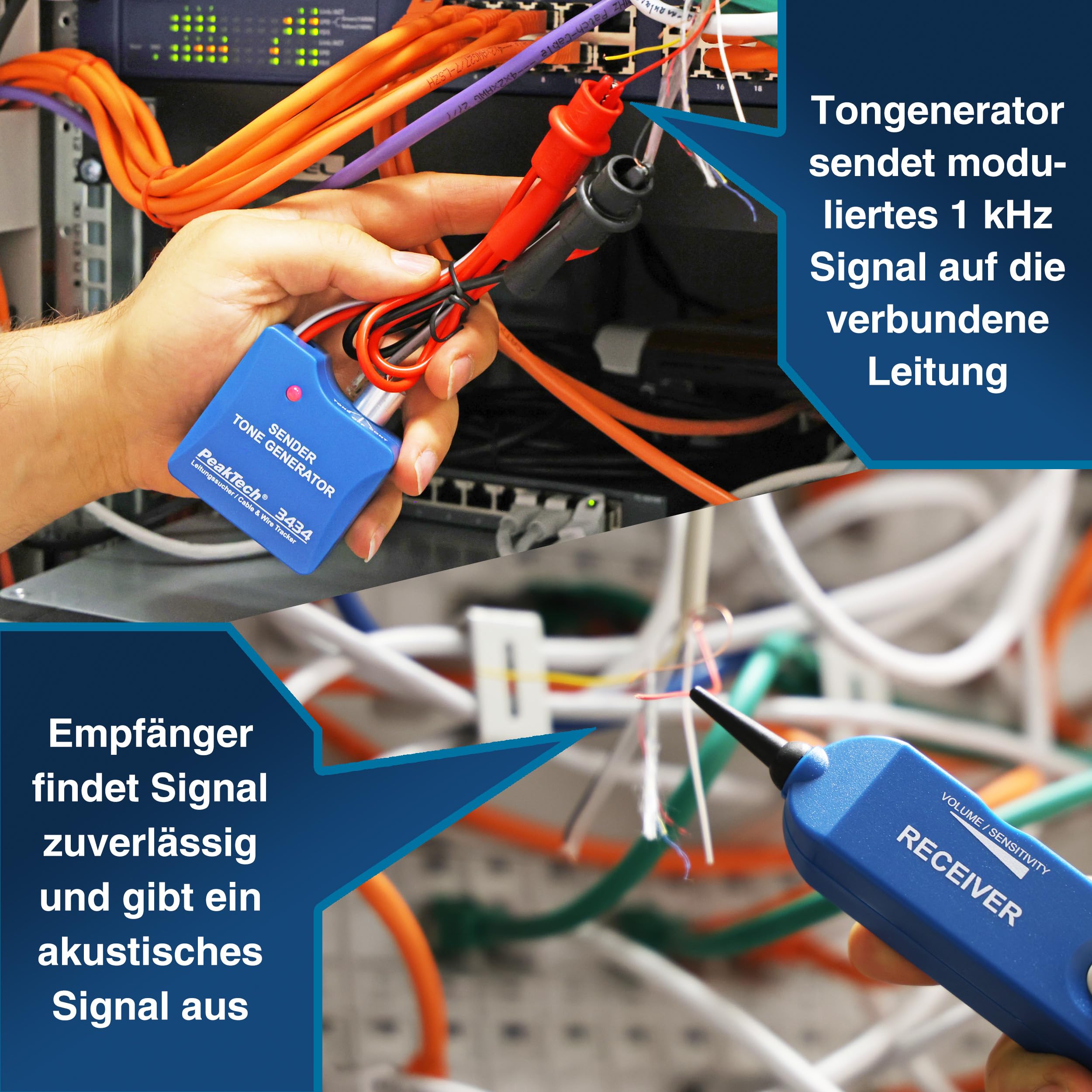 PeakTech P 3434 Leitungssuchgerät für Leitungen & Telefonkabel [3 Jahre Garantie] Leitungssucher mit Durchgangsprüfer & Tonsignal, Krokoklemmen, Telefon, RJ11, LAN Netzwerk Kabelfinder Leitungsfinder