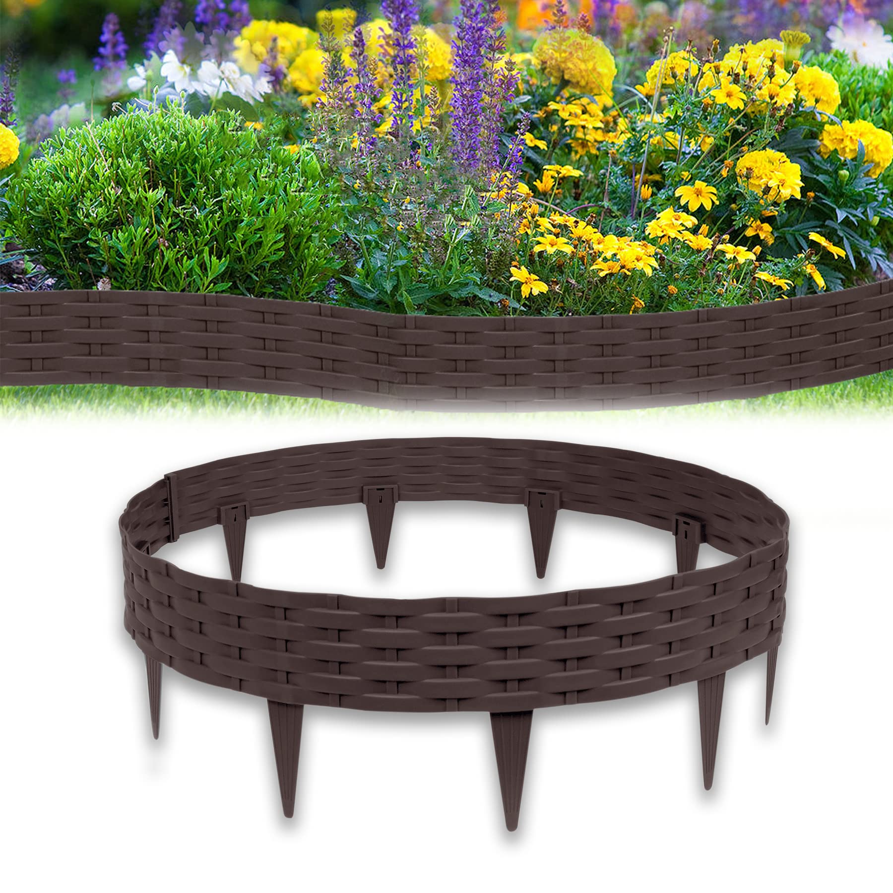 Froadp Rattan Optik Beeteinfassung Rasenkante Set, 100cm Beetumrandungen Kunststoff Rasenkantensteine, Plastik Rasenbegrenzung Beetzaun, Beetabgrenzung Garten Palisaden (25m=25 Stück, Braun)