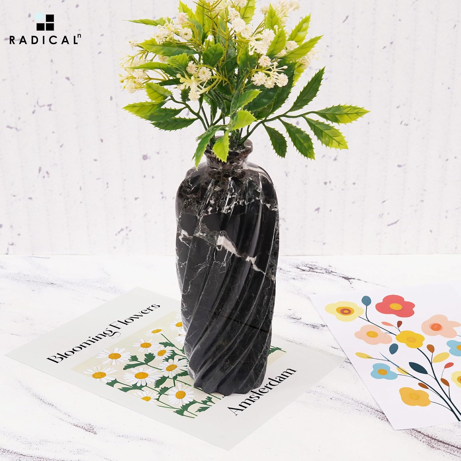 Radicaln Marble Flower Vase 10" Inches Black Handmade Elegant Marble Vase for Home Decor, Flower Pot for Displaying Fresh Flowers, Garden Decor, and Flower Pots