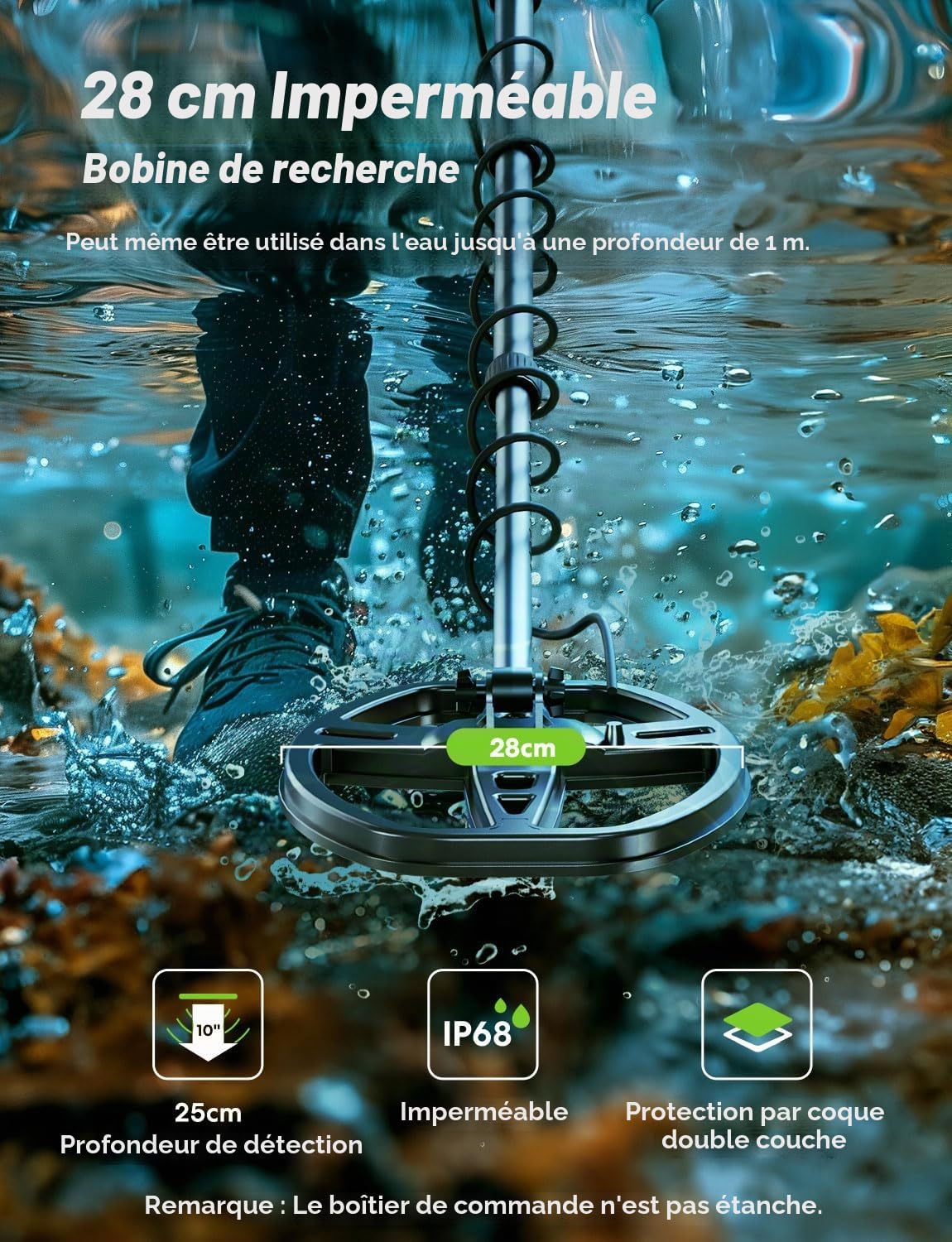Flysocks Kit de Détecteur de Métaux Professionnel, Détecteur de Métaux Étanche IP68 avec Pinpointer Précis, Détecteur d'or avec 25,4 cm de Profondeur de Détection et 5 Modes (45-126cm)
