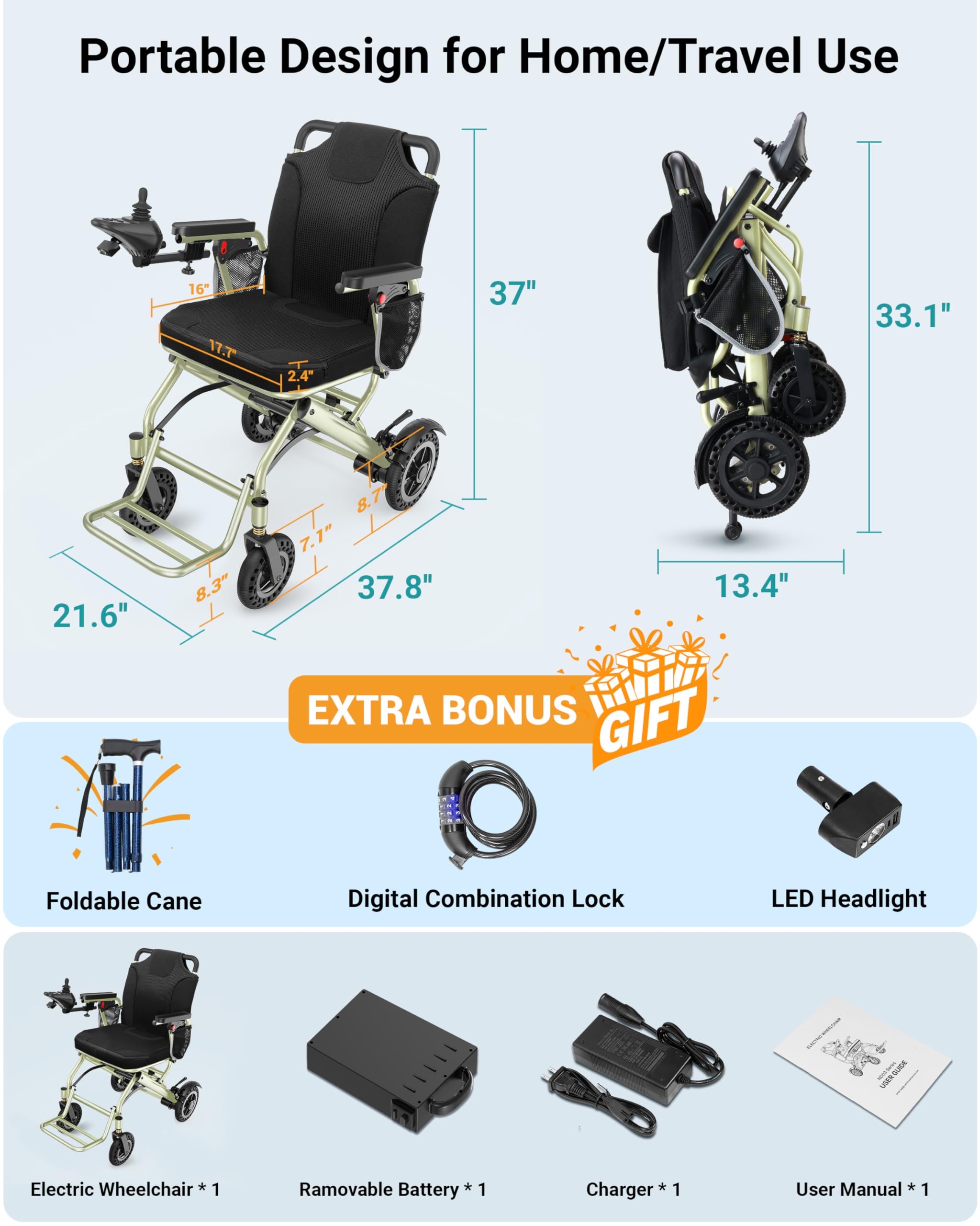 Silla de Ruedas Eléctrica Plegable de 15 kg para Adultos y Personas Mayores, con Autonomía de 24 km y Luz LED; Soporta 150 kg, Motor de 360 W, Silla de Ruedas Motorizada Apta para Viajes en Avión