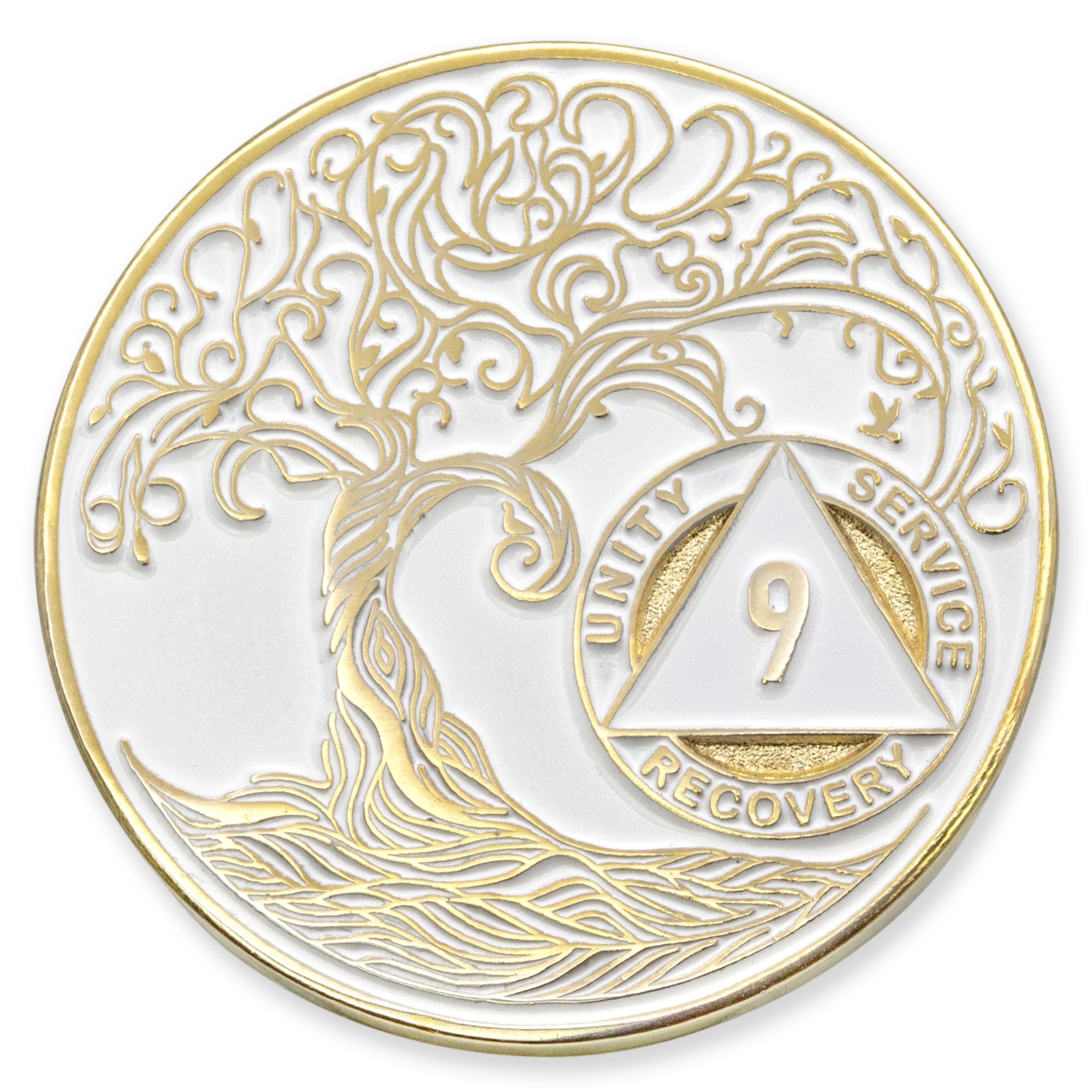 1 to 50 Year Twisted Tree of Life Sobriety Coin - Gold Plated AA Chips &amp; Medallions - 9 Year Sobriety Coin - White