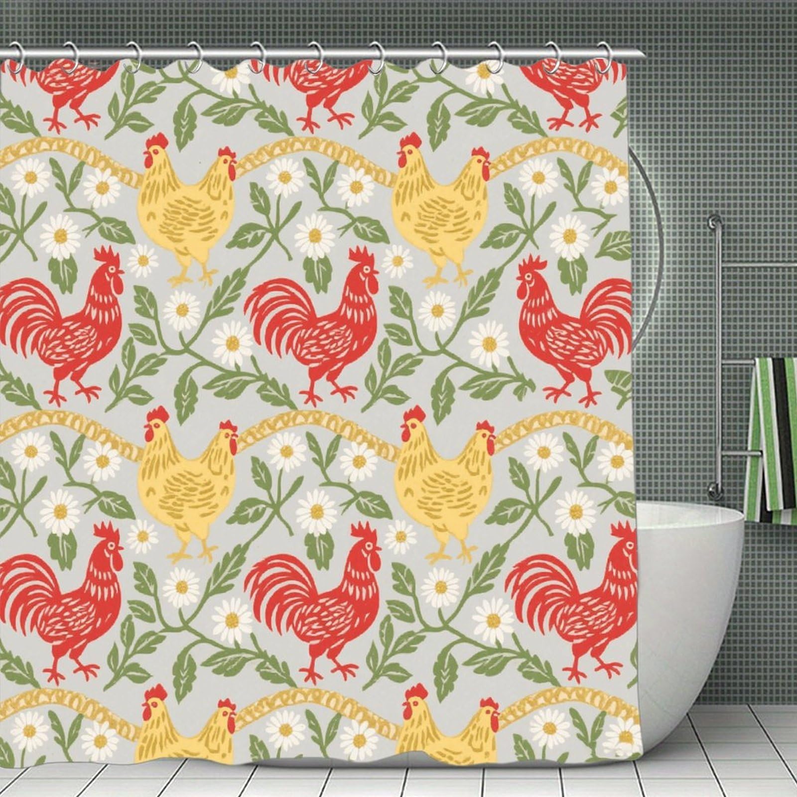 VstaDank Chicken and Rooster Bath Curtain Elegant Heavy Duty Shower Curtains 70x70 in Rustic Farmhouse Cloth Shower Curtains Neutral Modern Bath Curtain for Bathroom