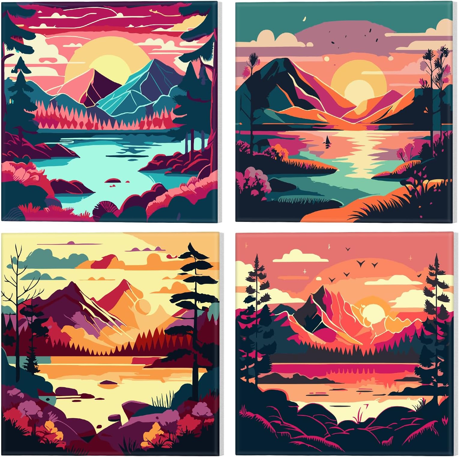 NAIMOERFramed Paint by Numbers for Kids, 4Pack Landscape Paint by Numbers Canvas for Kids Adults, Kids' Paint by Number Kits, DIY Acrylic Cartoon Oil Painting with Wooden Easel (8x8inch)