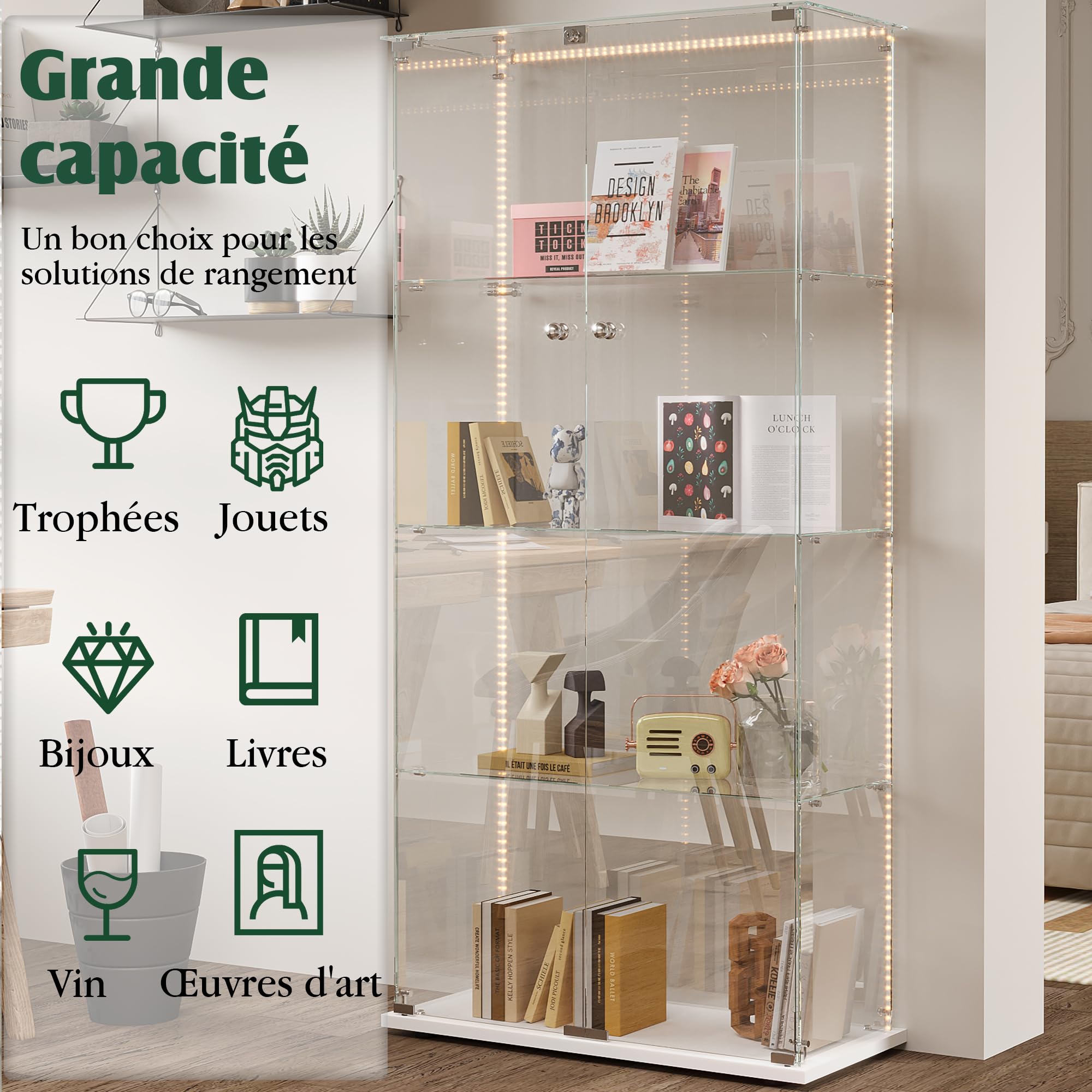Glasvitrine mit Beleuchtung,Vitrine Stehend Sammlervitrine Vitrine Glas mit 2 Glastüren & 4 Glasböden Vitrinenschrank Für Wohnzimmer Schlafzimmer Büro (Weiß, 2 Tür 4 Lagen – LED Lichtleiste)