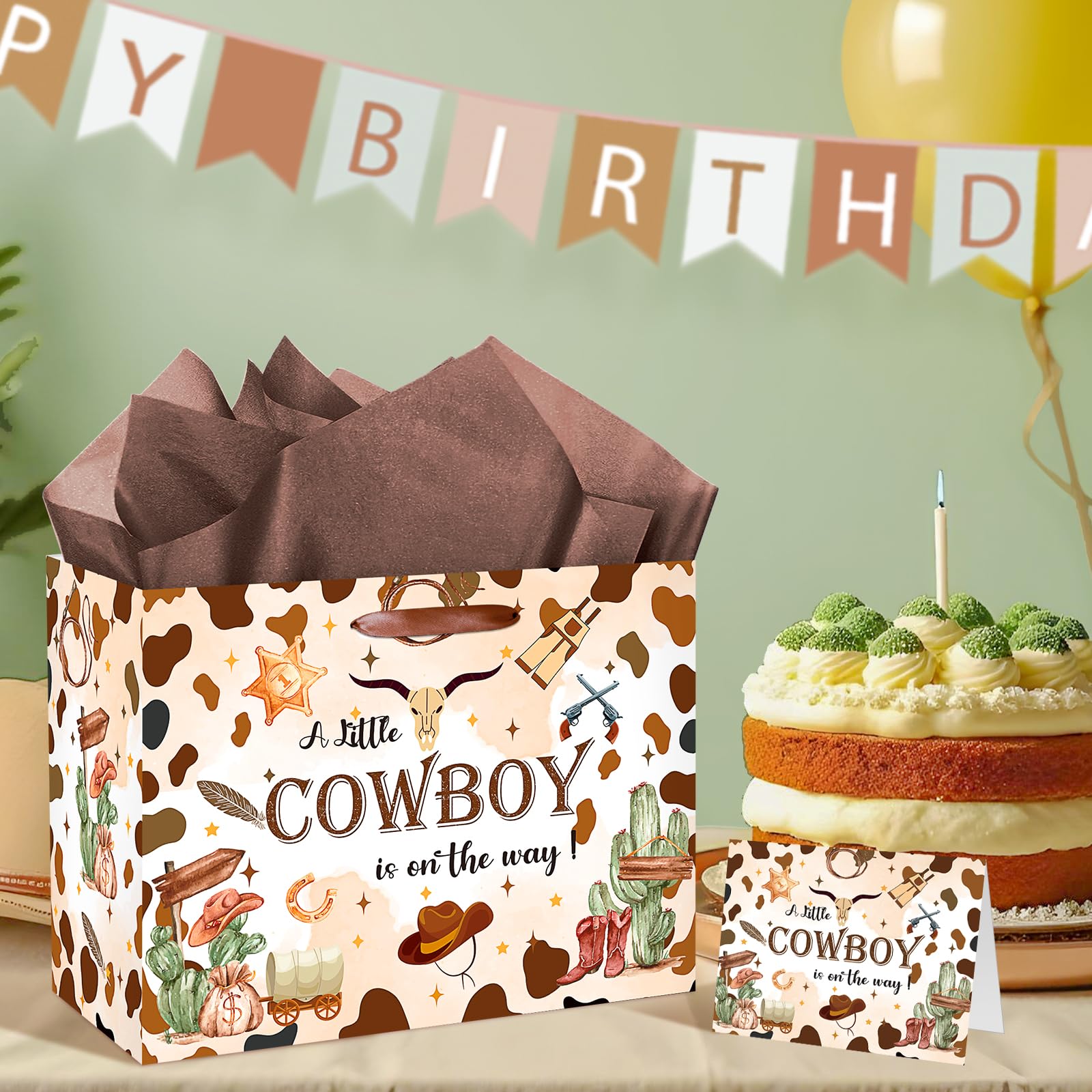Frakron Cowboy Baby Shower Birthday Gift Bag for Baby Boys A Little Cowboy is On The Way Bag with Wrapping Paper Card Wild West Western Rodeo Gift Bag for Baby Shower Birthday Party Supplies