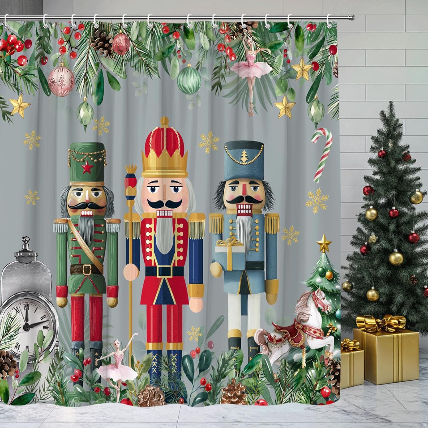 AMFD Christmas Nutcracker Shower Curtain Snowflake Xmas Tree Pine Leaf Cartoon Winter Holiday Bathroom Curtains Decor Fabric Set Include Hooks,(70" Wx84 H)