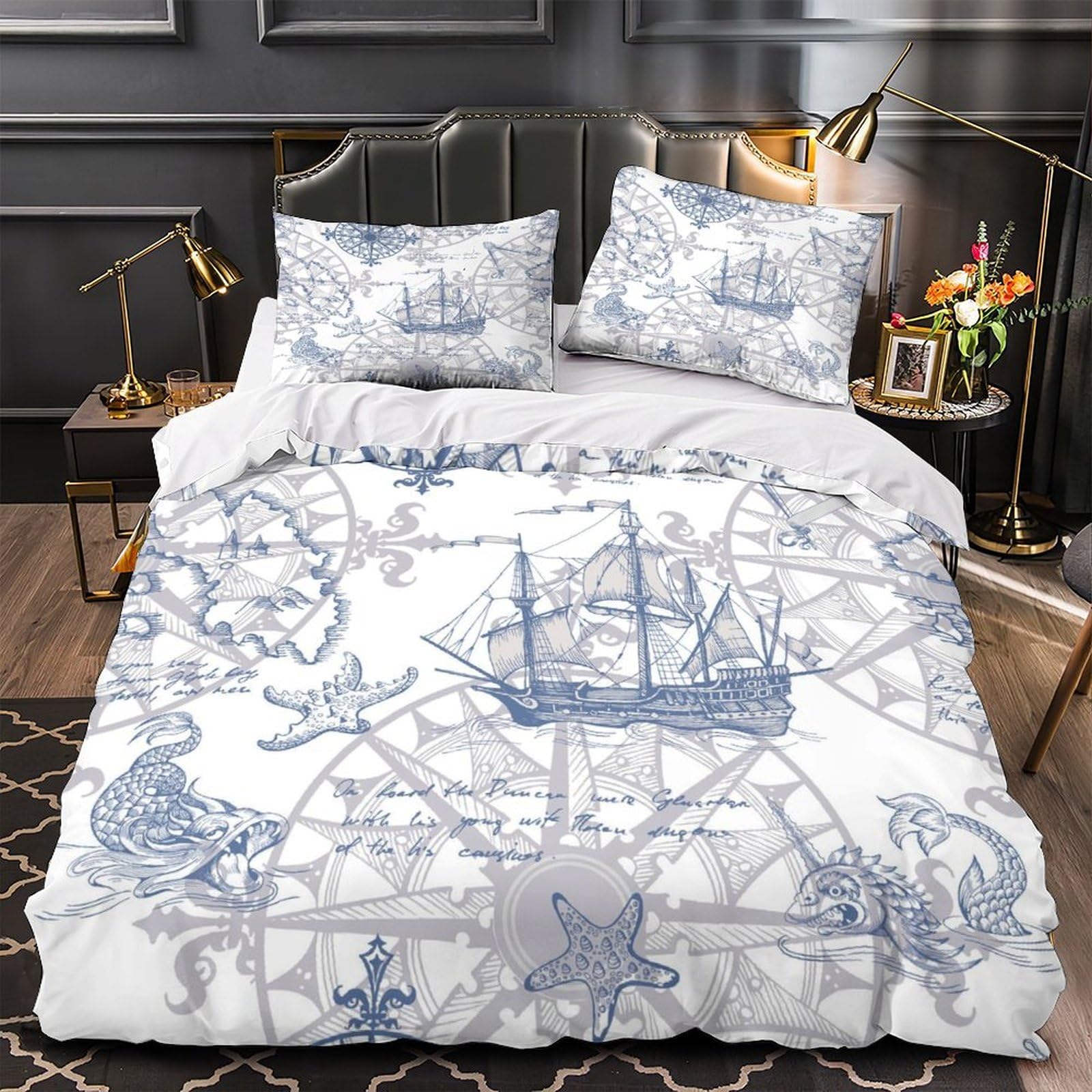 MMDASBVPE Nautical Compass Duvet Cover 3D Design Printed Anti-allergic 3 Pieces Bedding Set Zipper Comforter Cover Hotel Quality Breathable for Adults Kids Women Teens Youth Single（135x200cm）