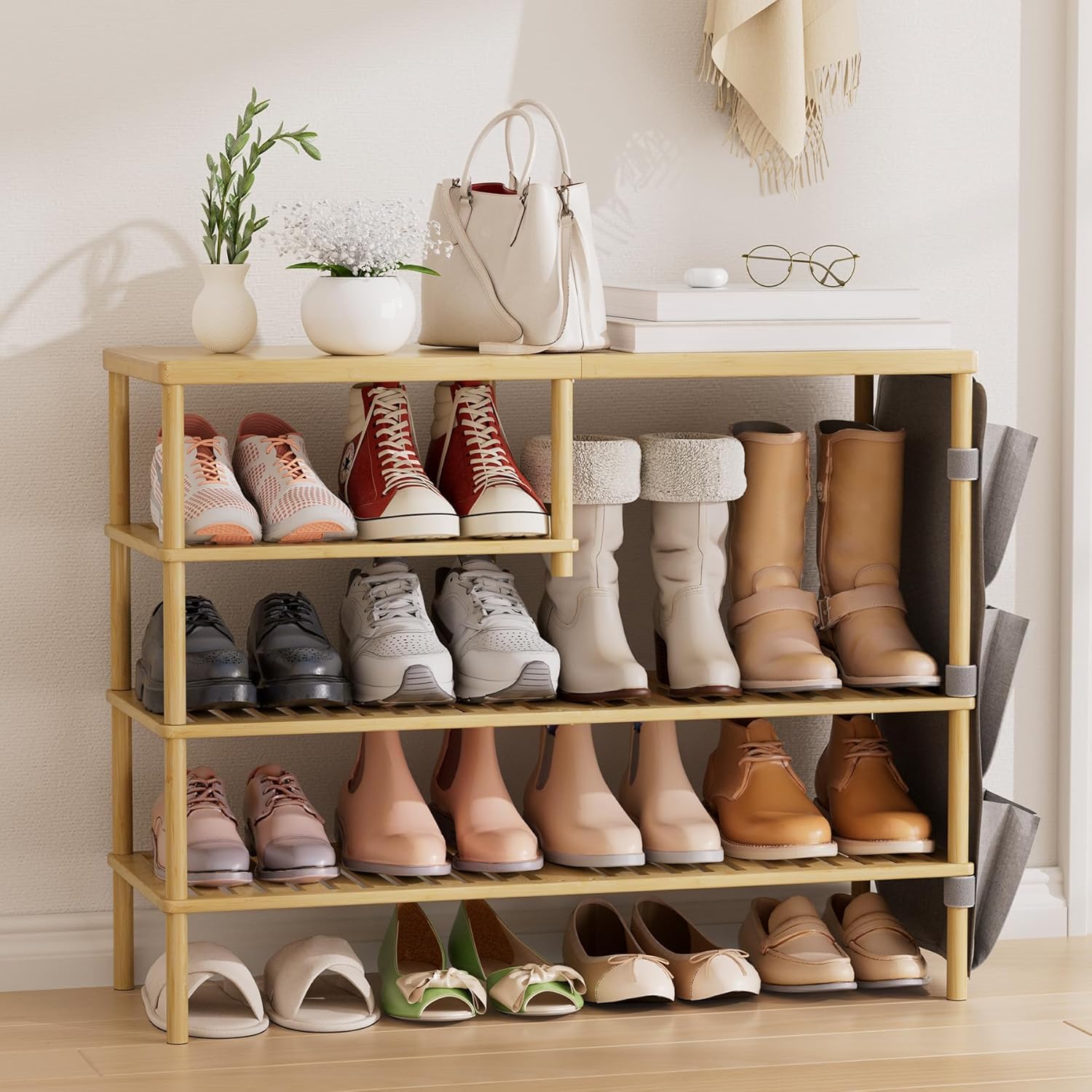 Bamboo Shoe Rack, 4 Tiers Shoe Organizer for Closet, Shoes Storage for 20-24 Pairs, Freestanding Shoe Shelf with Removable Pocket for Entryway Bedroom Front Door Dorm