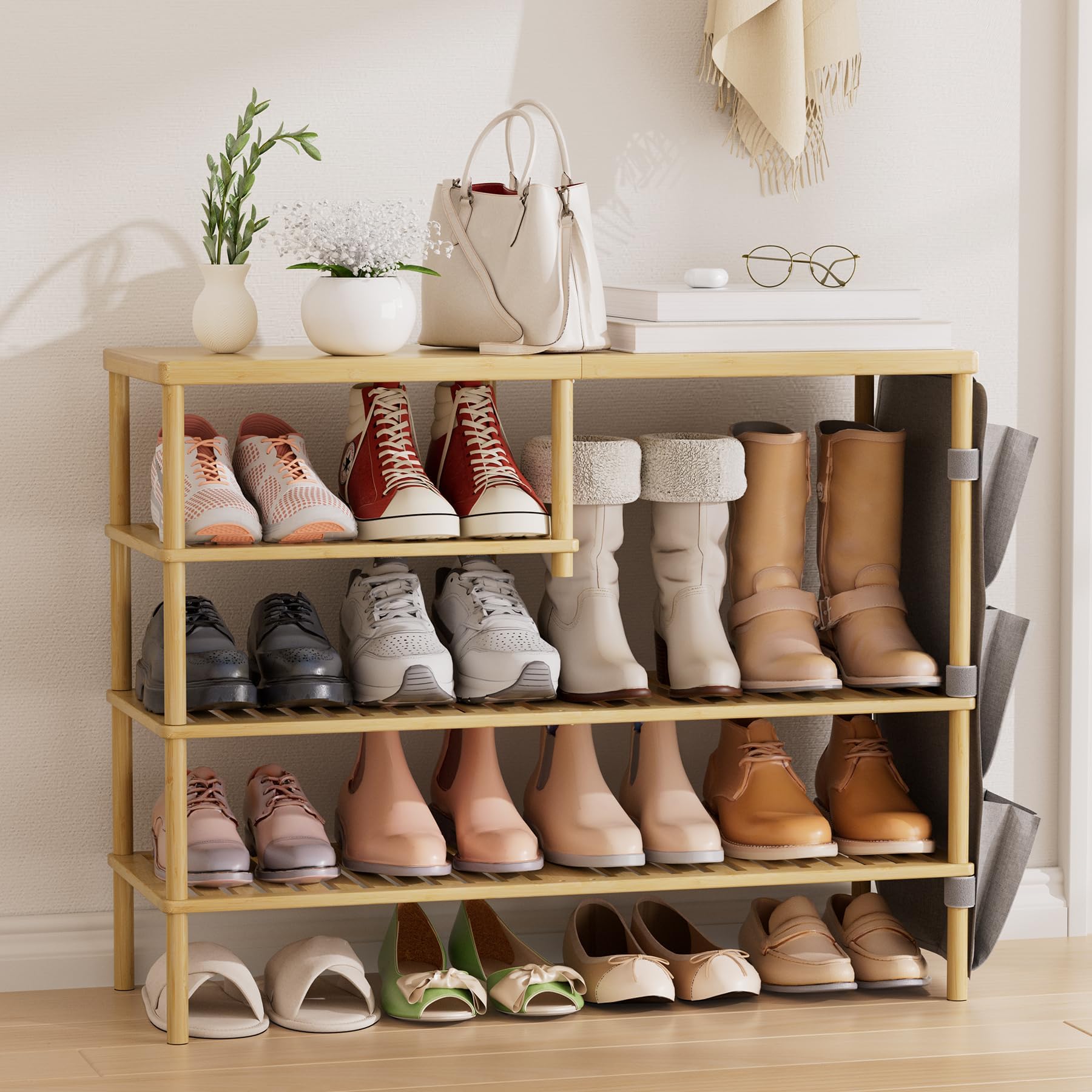 Photo 1 of CozyBath Bamboo Shoe Rack, 4 Tiers Shoe Organizer for Closet, Shoes Storage for 20-24 Pairs, Freestanding Shoe Shelf with Removable Pocket for Entryway Bedroom Front Door Dorm