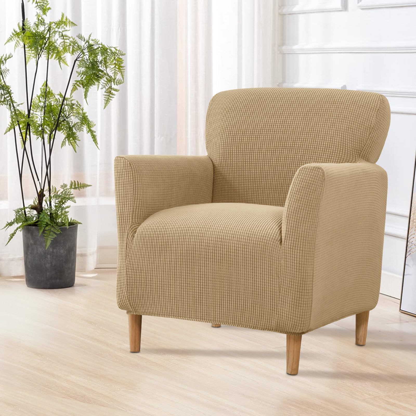 SHANNA Stretch Banquet Chair Covers: 1Piece Mid Century Luxury Knitted Armchair Slipcovers Waterproof Armchair Couch Covers with Foam Rods Arm Chair Cover,for Living Room Bedroom (Khaki)