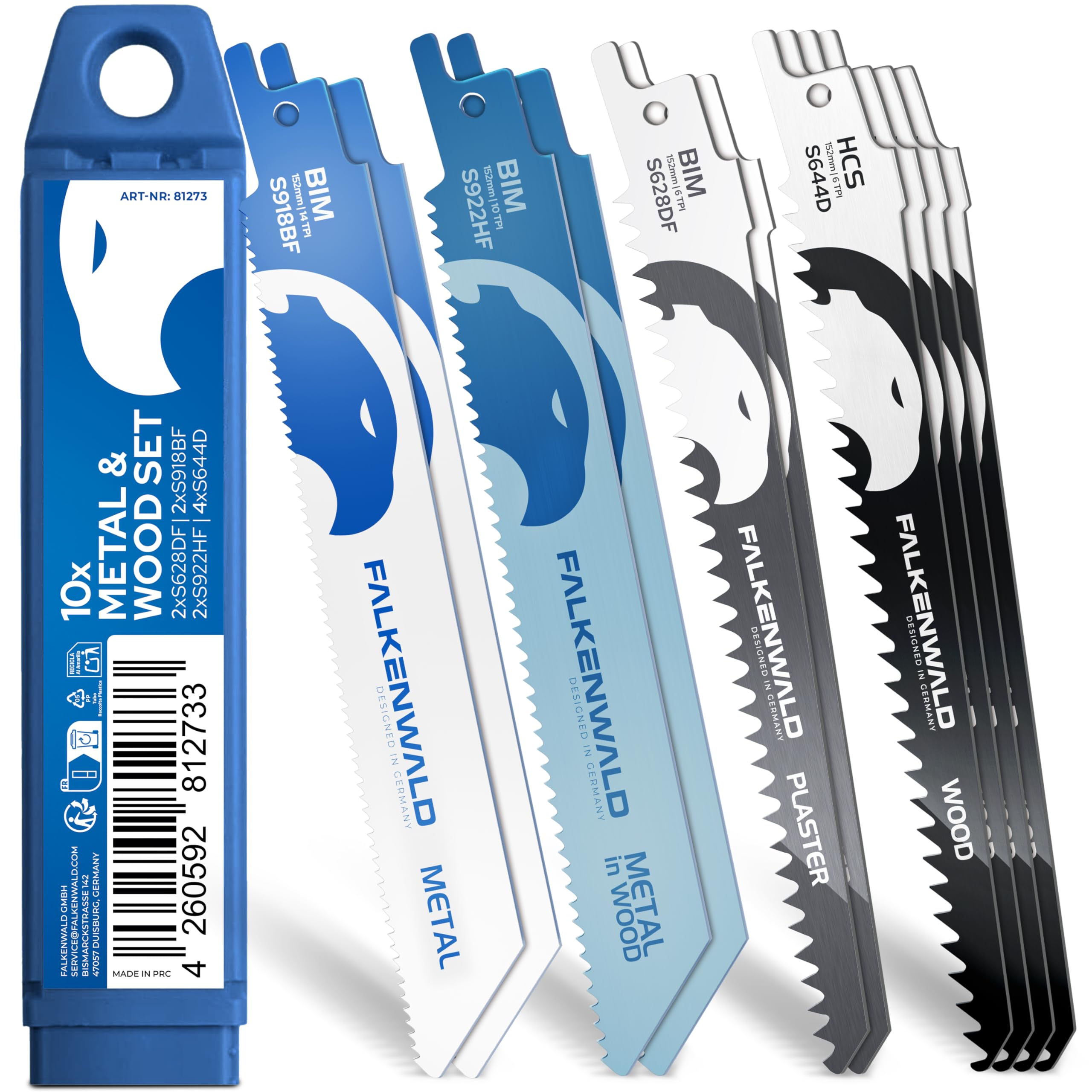 FALKENWALD® Säbelsägeblätter Set 10-tlg – 6x Metall + 4x Holz - Bi-Metall & HCS - Für Holz, Metall, Gipskarton, Kunststoff - Passend für Bosch, Makita, Einhell, DeWalt u. v. m.