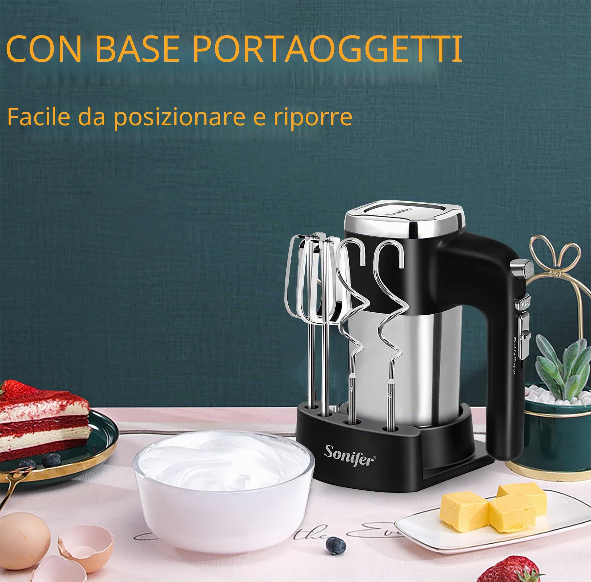 Sonifer Frullatore a mano in acciaio inox, 500 W, miscelatore elettrico, 5 livelli più turbo, design pulsante di espulsione, lavabile in lavastoviglie, 2 ganci, 2 fruste, 1 base