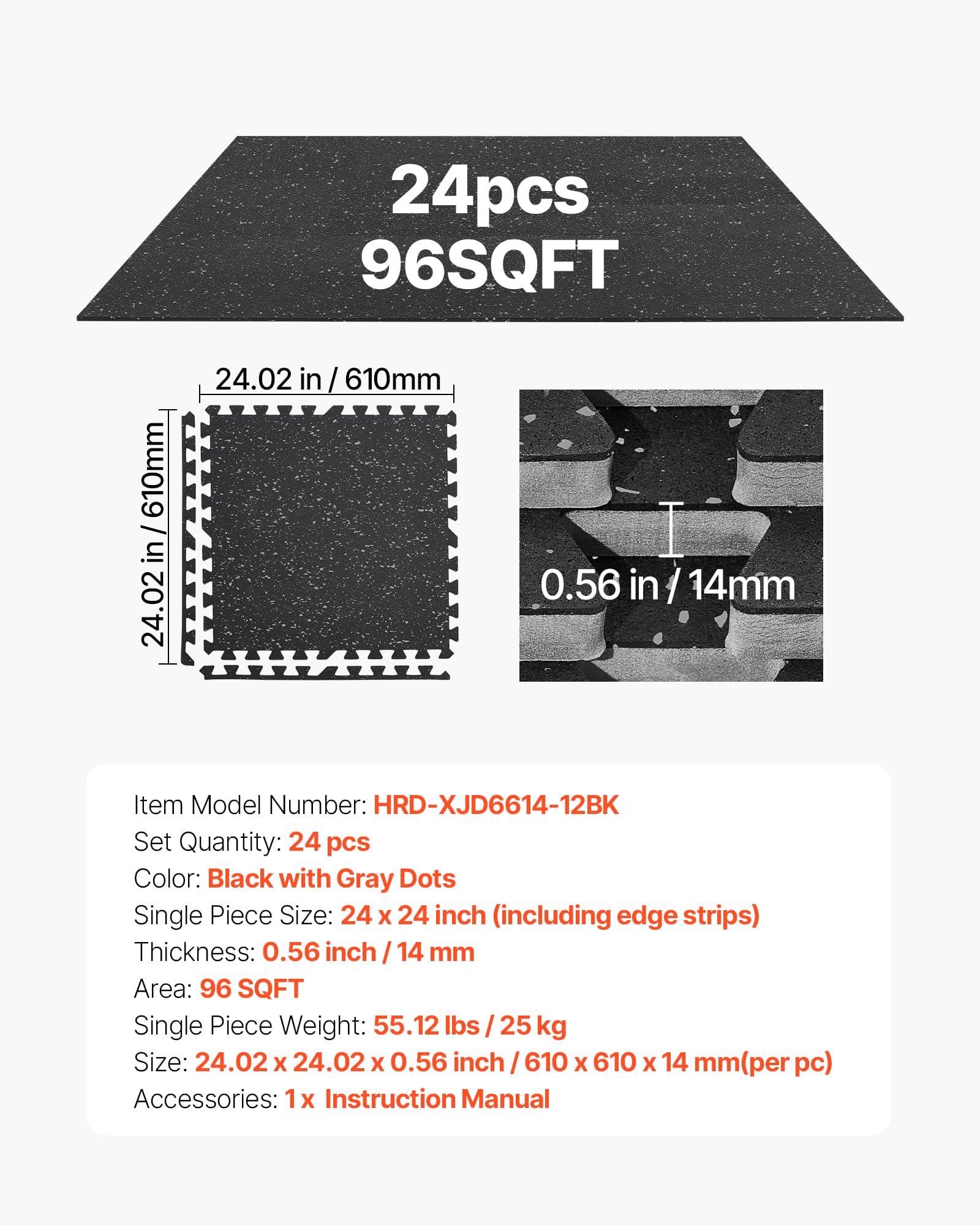 VEVOR Esterilla Puzzle 24 Piezas de 610 x 610 x 14 mm, Suelo Gimnasio de Goma EVA Alta Densidad, Colchoneta de Ejercicios con Puntos Grises Antiruido Antideslizante Antigolpe para Equipo Pesado, Casa