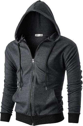 Ohoo Mens Slim Fit Zip Up Hoodie Cotton Blend Soft Fabric Basic Layering Comfy Jacket with Hidden Smart Pocket
