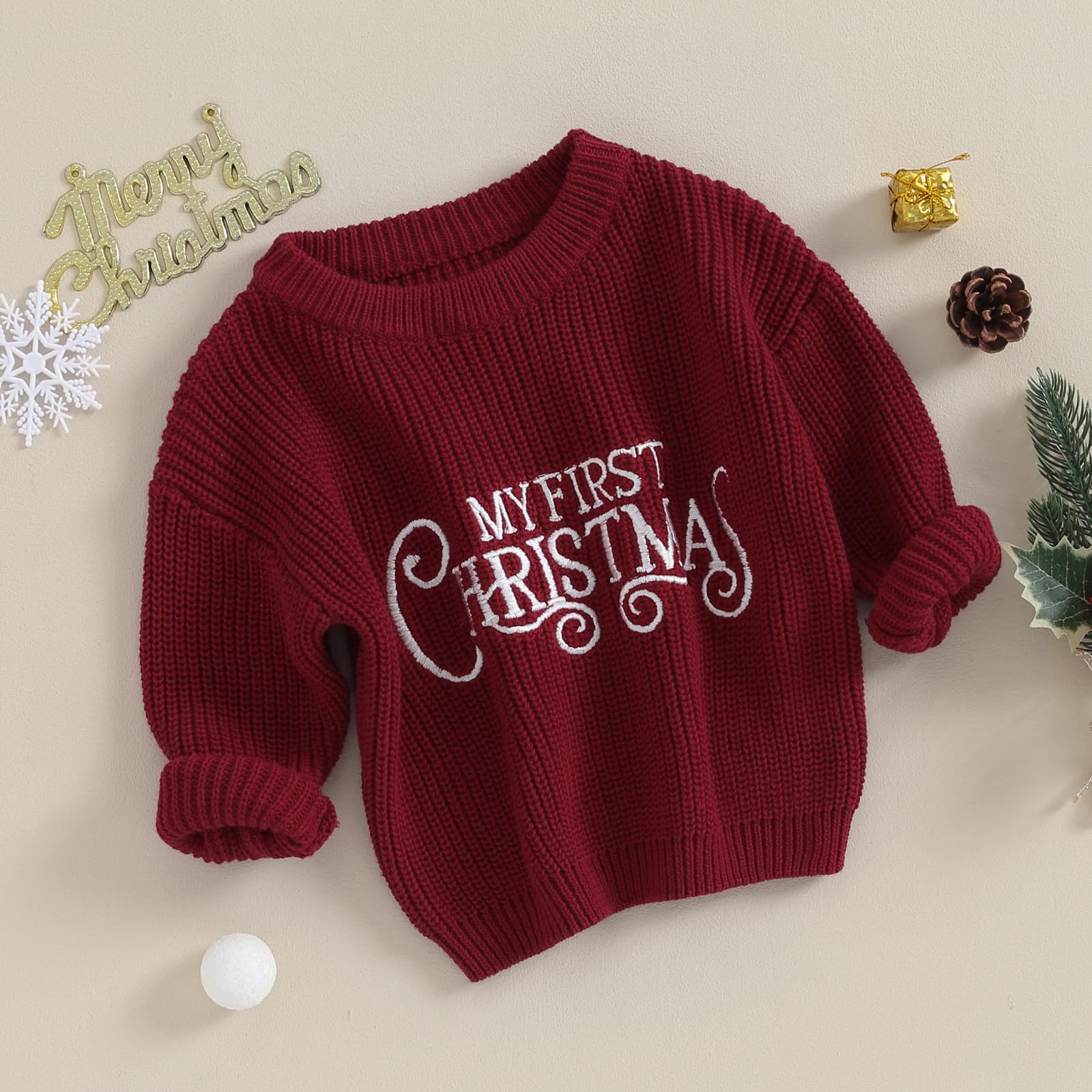 Toddler Baby Girl Boy Christmas Outfit Embroidery Crewneck Sweater Long Sleeve Knit Pullover Top Winter Clothes (Red My First Christmas, 3-6 Months)
