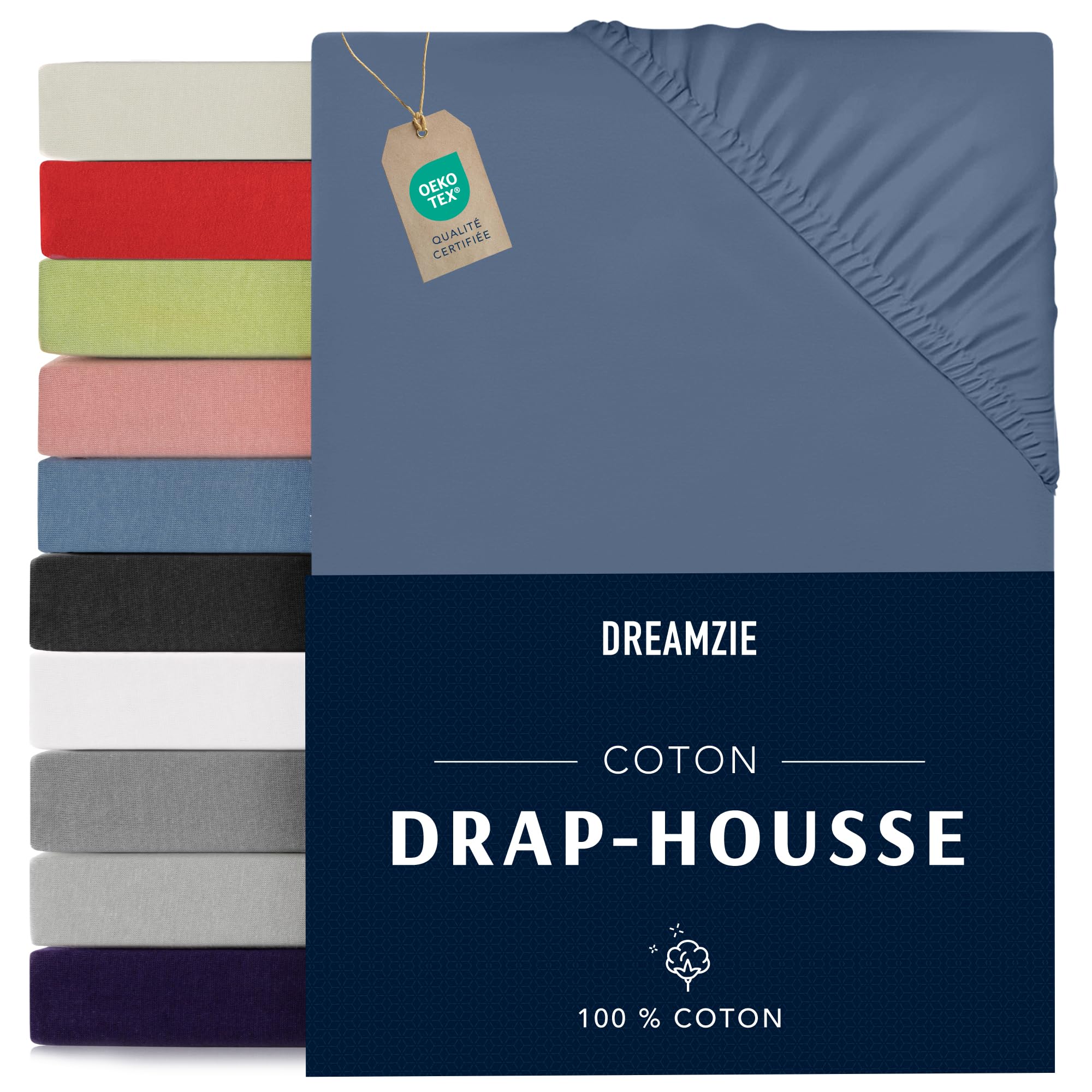 Jersey Cotton Fitted Sheets Blue - For Mattress 90 x 200 x 22 cm - Certified Free of Chemical Products (OEKO TEX), Fitted Sheets with Full Elastic