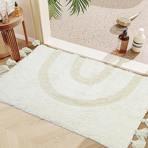 Bonita alfombra de baño de algodón con borlas tejida a mano, lavable para entrada, dormitorio, lavandería, sala de estar, 19.7 x 31.5 pulgadas,