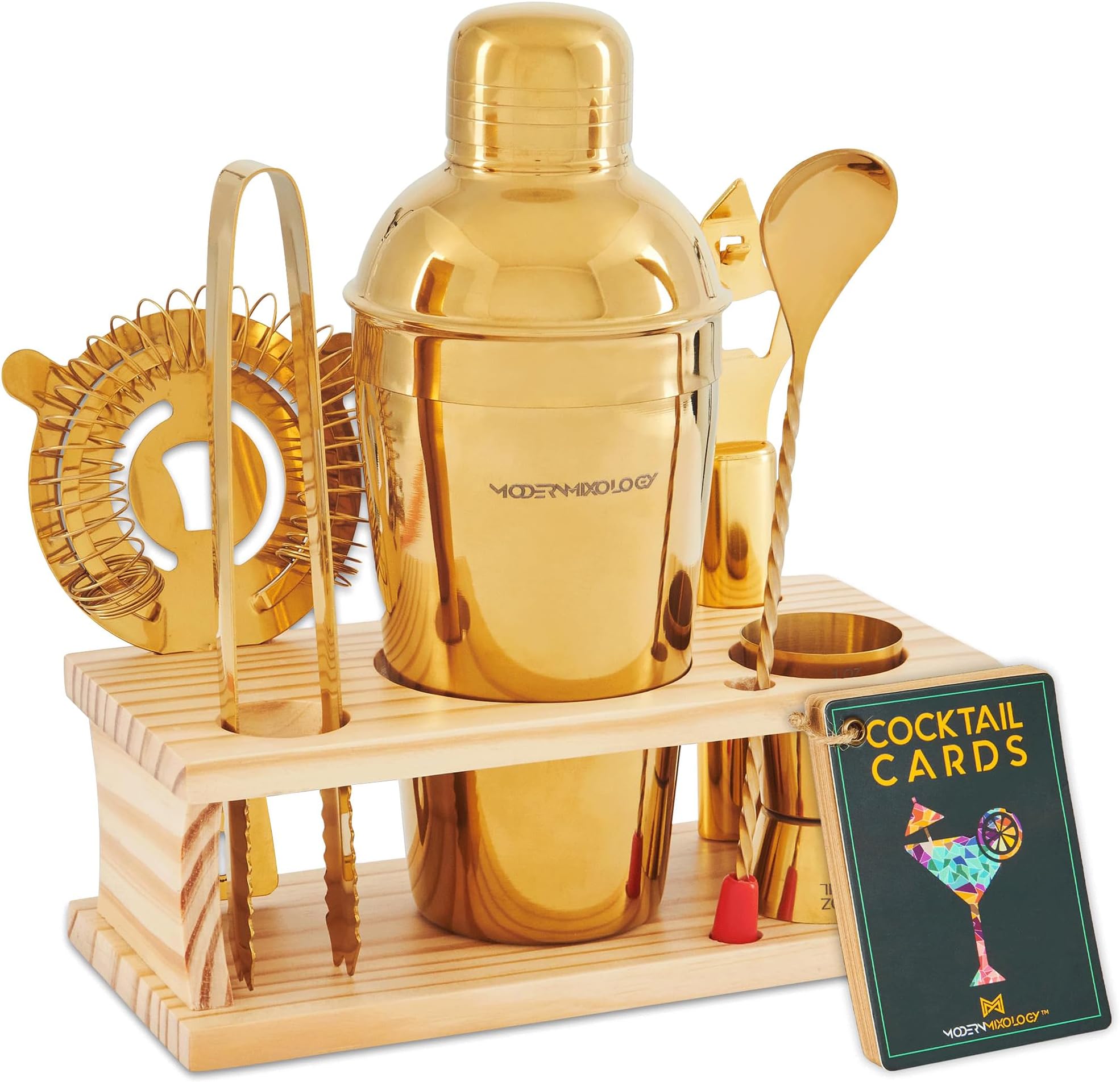 Modern Mixology Cocktail Shaker Set - Bartender Kit with Pine Stand | Leak-Proof Design | Includes Martini Shaker, Jigger, Strainer, Spoon, Tongs | Perfect Bar Tools Gift for Home Mixology (Gold)