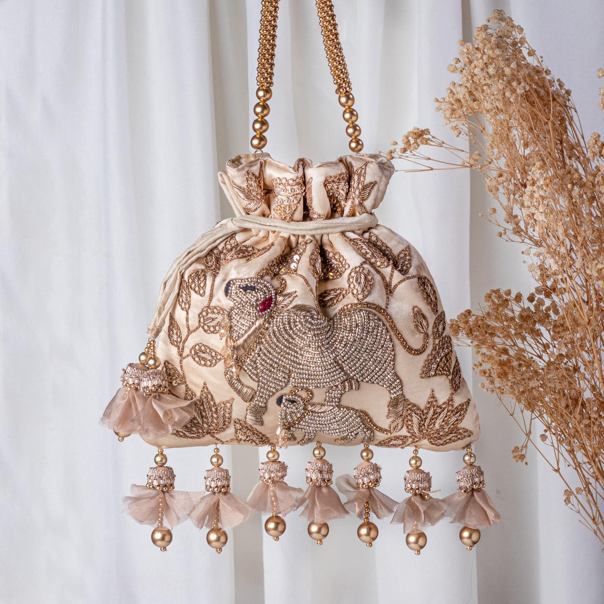 Amayra Luxe Exquisite Marodi Embroidery with Golden Pearls Pichwai Potli Bag for Ladies & Girls | Women Shagun Pouches for Festive Seasons | Batwa Bag Bridal Purse With Embroidery. (Golden)