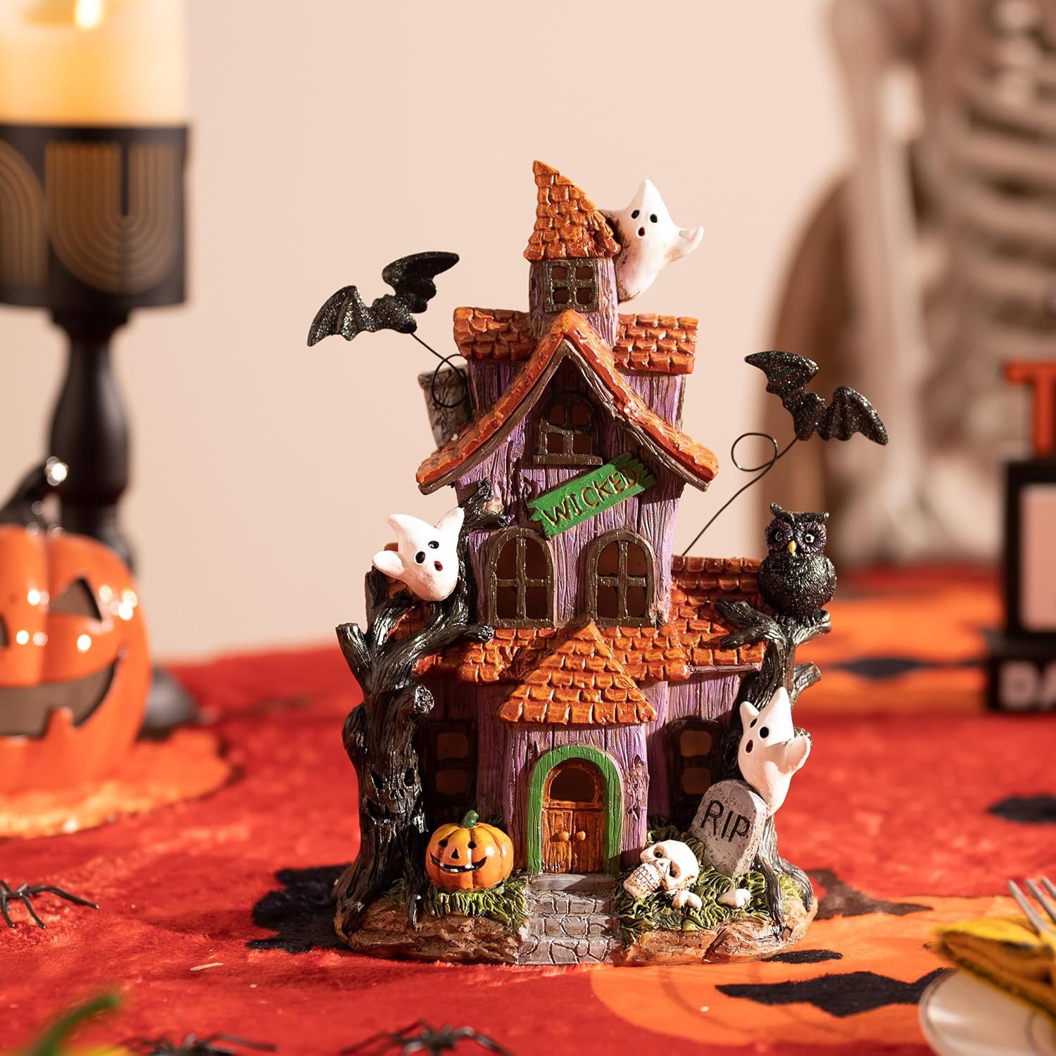 Valery Madelyn Halloween Decorations, Lighted Halloween Village Houses with LED Lights, Resin Spooky Town Happy Haunted House for Home and Party Table Desk Mantel, 9 Inch