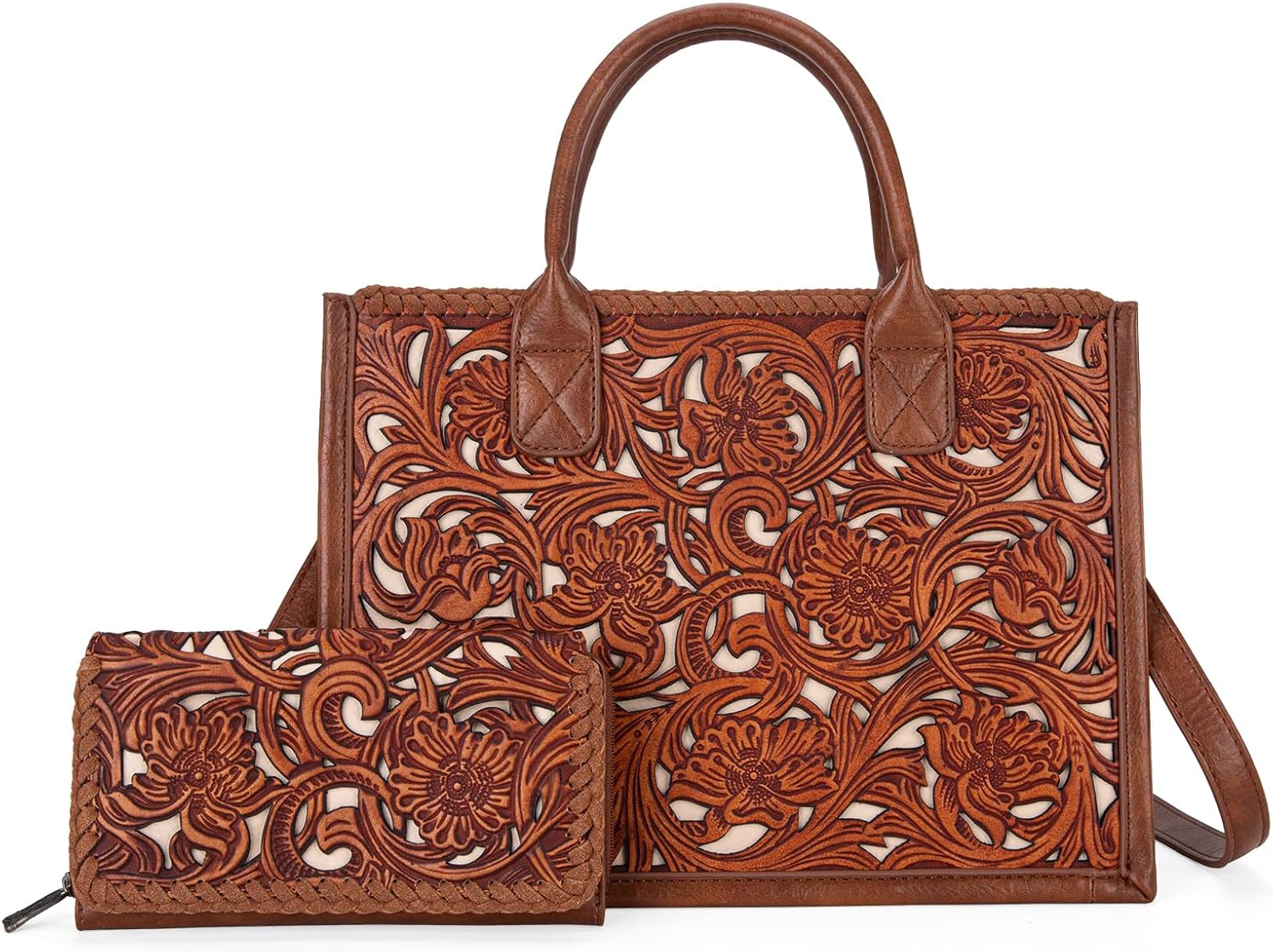 Trinity Ranch Tote Bags for Women Floral Tooled Fringe with Wallet Set